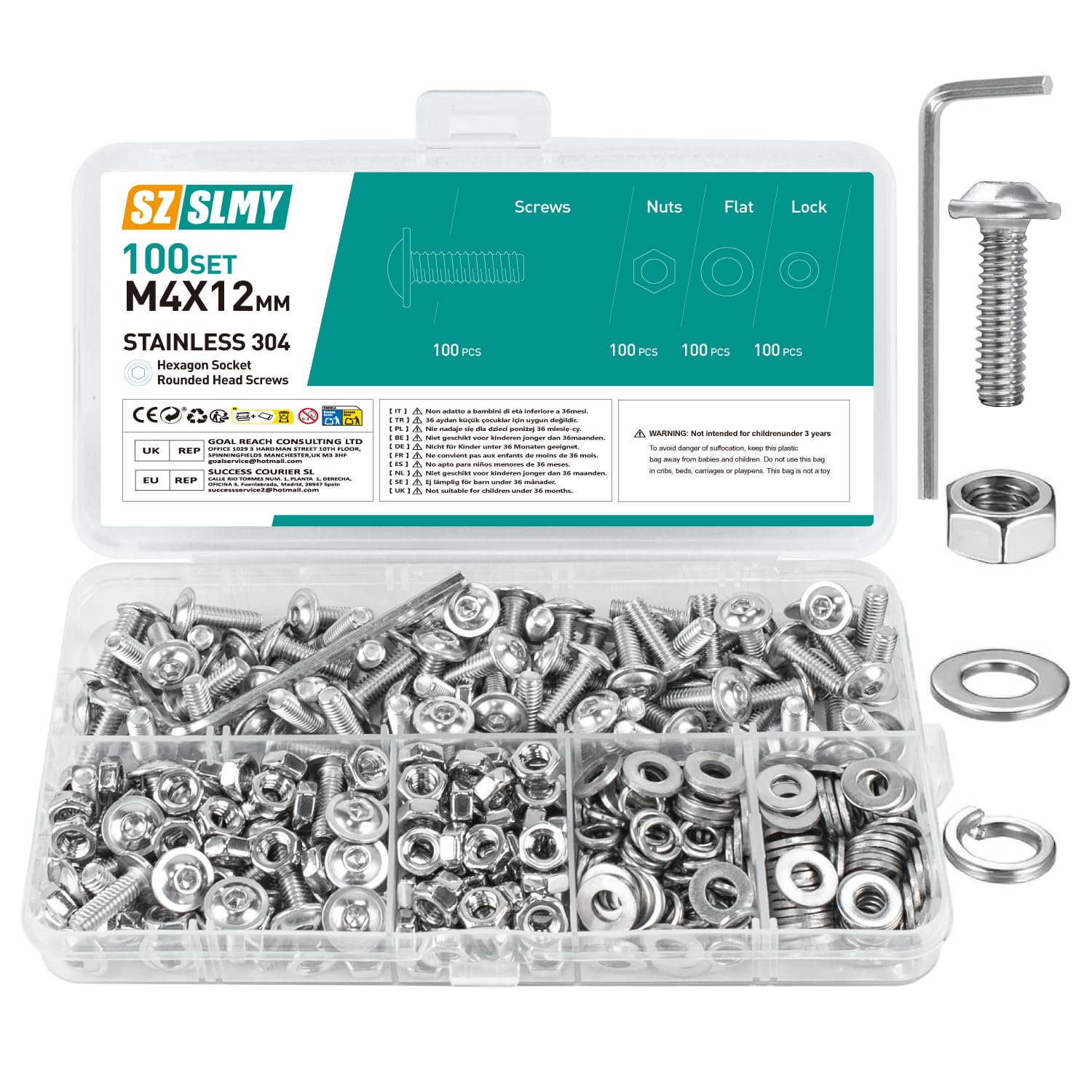 100 Set M4 Bolts Set, M4 x 12mm Flanged Button Head Screws, and Nuts Set, 304 Stainless Steel Allen Socket Bolts and Nuts Set, with 1 Hex Spanner Wrench