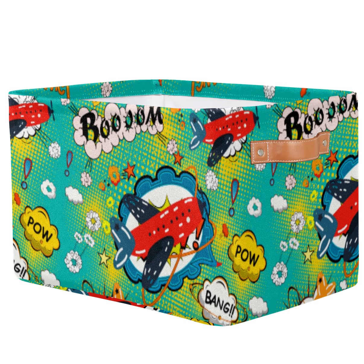Cartoon Airplane Doodle Square Storage Basket, Fabric Storage Bin with Leather Handles Collapsible Storage Bin Nursery Hamper for Organizing Toys, Clothes, Books, Gift Baskets