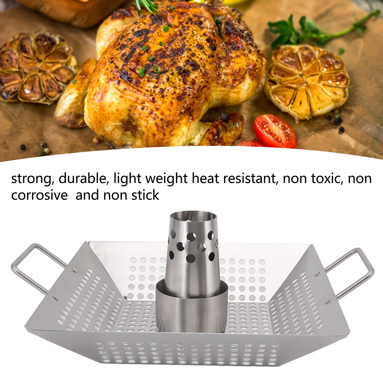 Rejilla vertical para pollo de acero inoxidable, soporte para asador de pollo con lata de cerveza con base de bandeja goteo, bandeja para aves de corral para horno parrilla