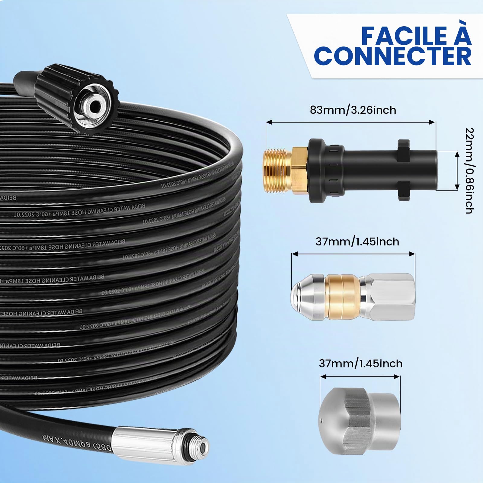 Tuyau Déboucheur Canalisation pour Nettoyeur Haute Pression 20m, 400 Bar/5800 PSI, avec Buses à Jet et Rotative,Compatible avec Karcher K2 K3 K4 K5 K6 K7 Lavor Bosch pour débouchage des tuyaux