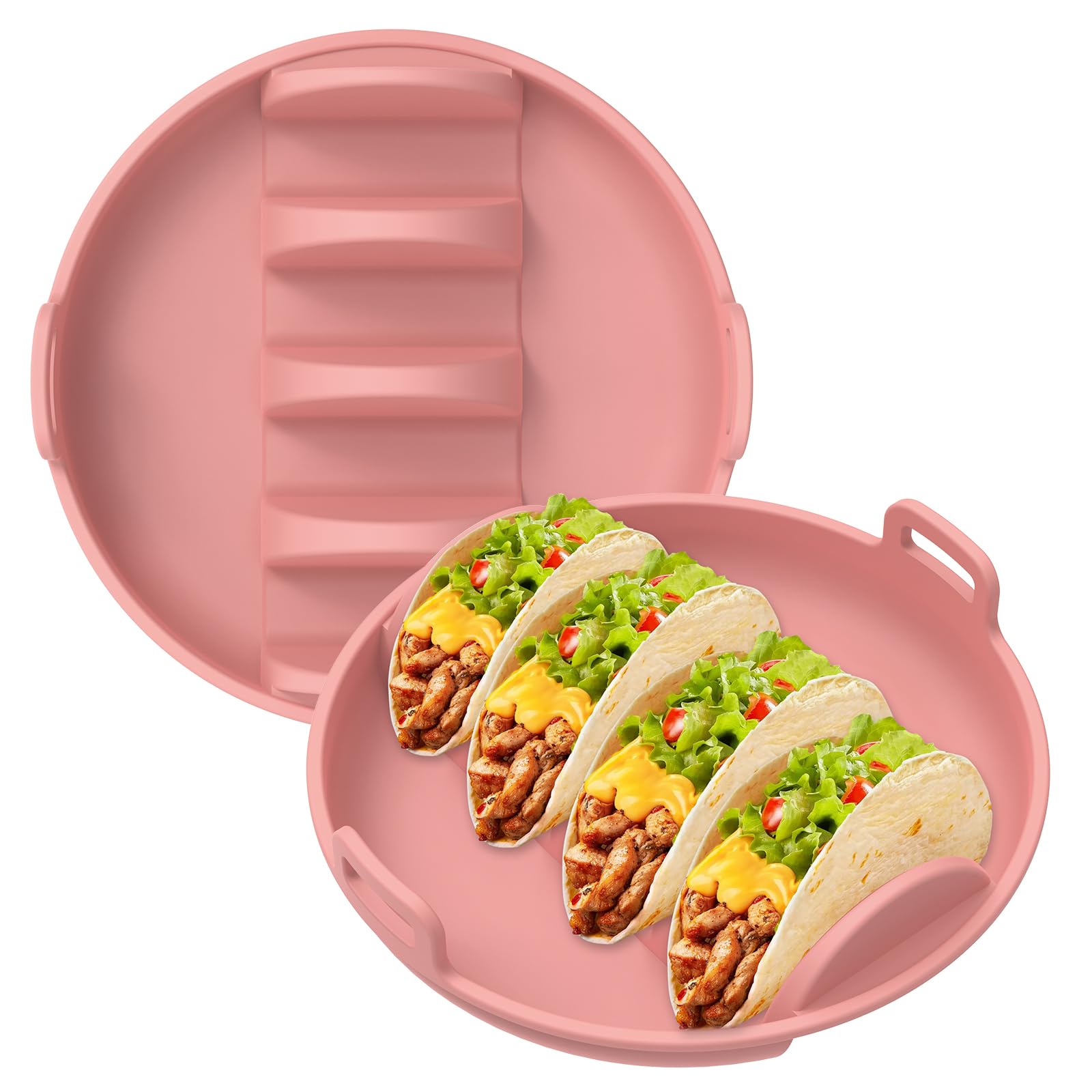 Vavpup Pink 2Pcs Taco Plate Taco Stand With Handles,Anti-Slip Serving Tray With Dividers Dishwasher & Microwave Safe Holder Stands For Soft And Hard Tacos For Family Dinner Serving Grill(Pink)