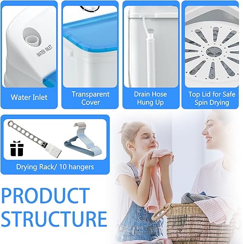 Miniatura 2 de Mini lavadora portátil de 18 libras con estante de secado y 10 perchas, lavadora de 11 libras y giratorio de 7 libras, pequeña lavadora de