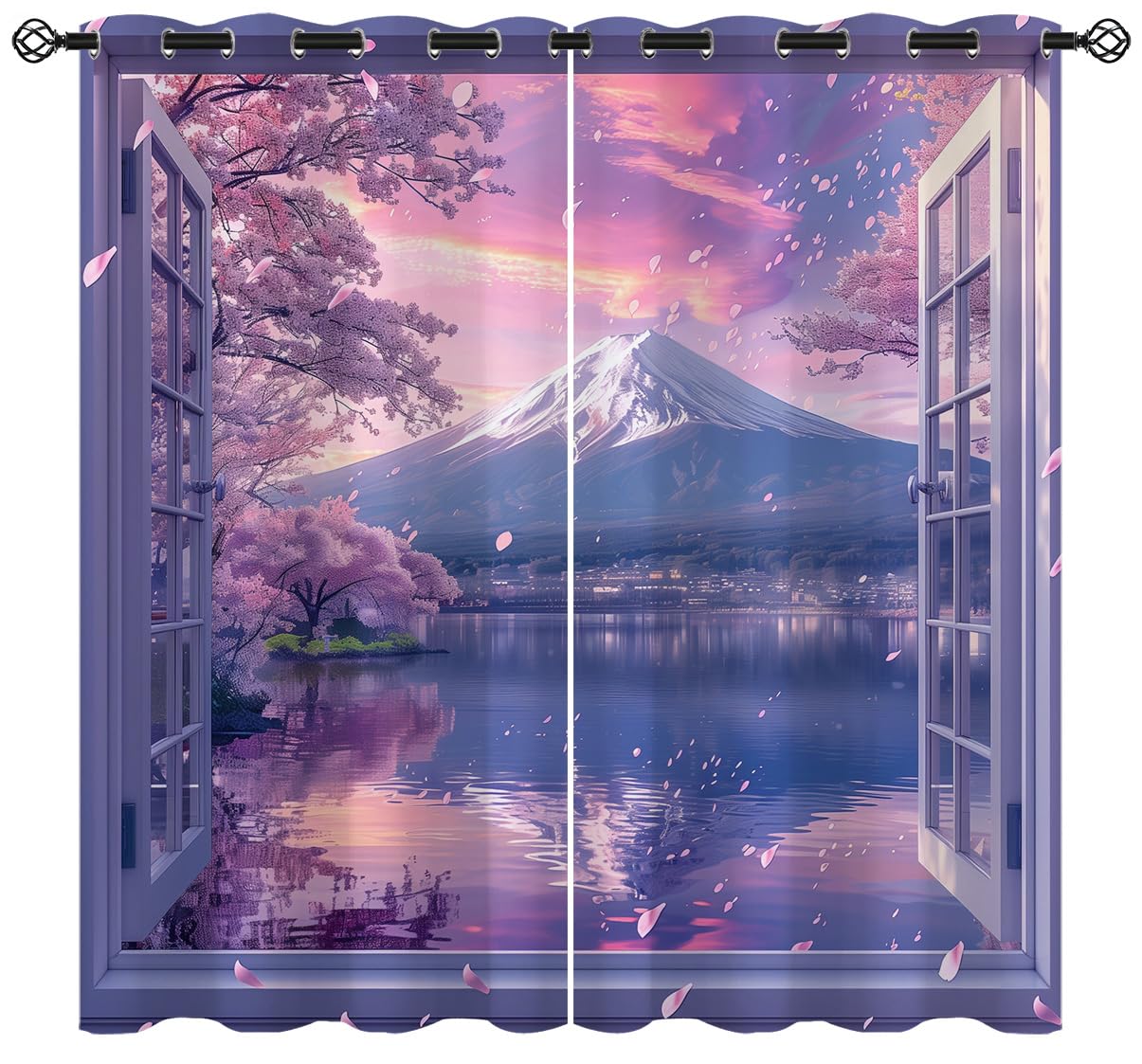 Mount Fuji Blackout Curtains for Girls Kids Teen Boys Home Decor,Pink Sakura Nature Cherry Blossoms Grommet Thermal Insulated Drapes Darkening Window Curtain for Bedroom Living Room, 63 x 63 Inch