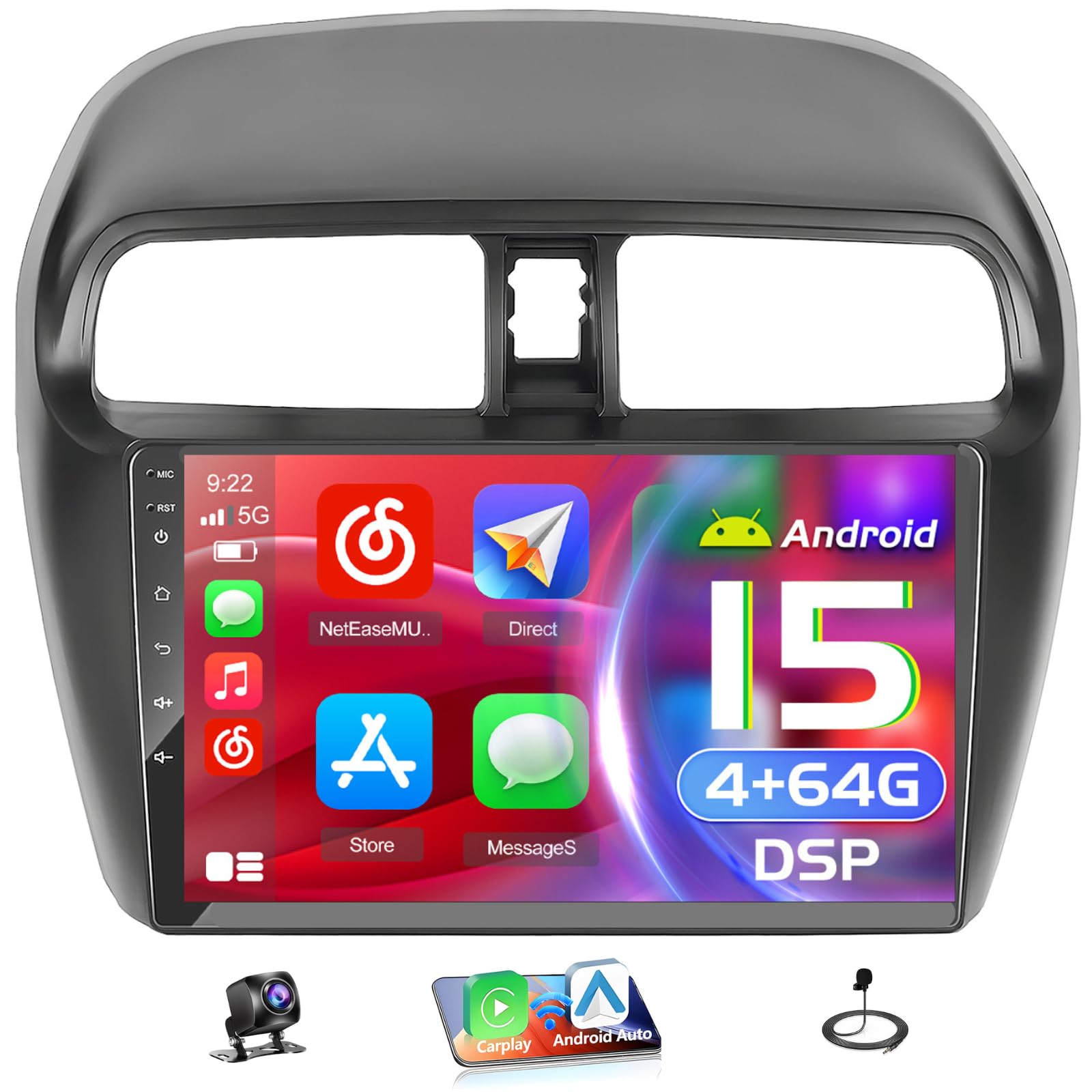 [4+64G] Hikity Android 15 Car Stereo for Mitsubishi Mirage 2012-2022, 9'' IPS Touch Screen Radio Wireless Carplay Android Auto Bluetooth Mirror Link GPS 5G WiFi SWC AI DSP/FM/RDS/32EQ Backup Cam+Mic