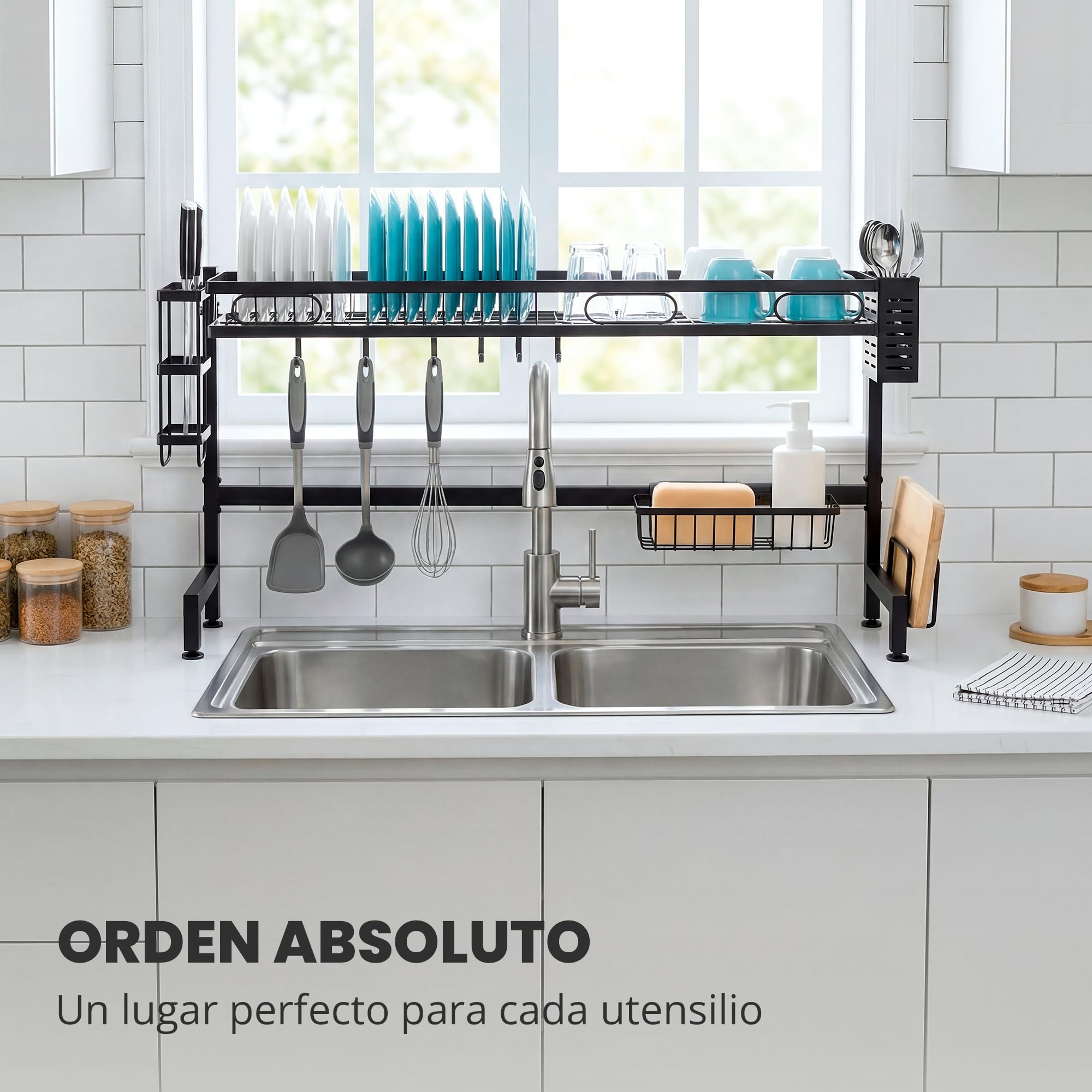 JUPPLIES Escurreplatos sobre Fregadero 2 Niveles 85x30x52,5cm – Escurridor de Platos de Acero Inoxidable con Soporte para Cubiertos, Tabla de Cortar y Ganchos – Escurre Platos Antideslizante Negro