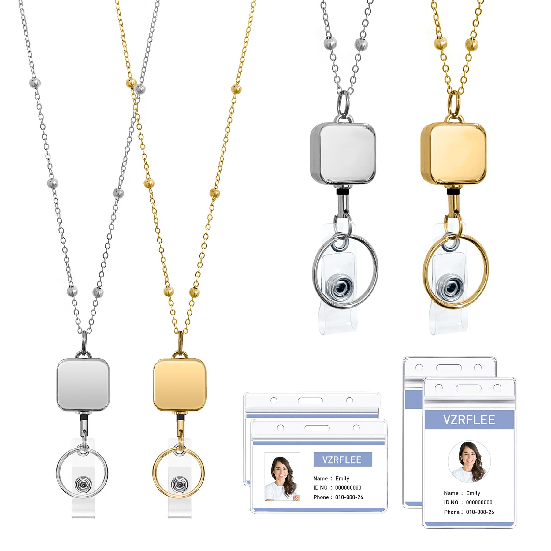 Vzrflee Retractable Badge Reel Lanyard with ID Holders, 2 Piece Lanyards for ID Badges with 4 Badge Holders Beaded Chain Premium Stainless Steel