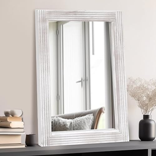ZHUNFA Wooden Framed Wall Mirror for Bathroom, 24x36 Rectangular Barn Door Mirror, Farmhouse Natural Wood Mirror Vertical or Horizontal Hanging for Living Room, Bathroom, Hallway, White