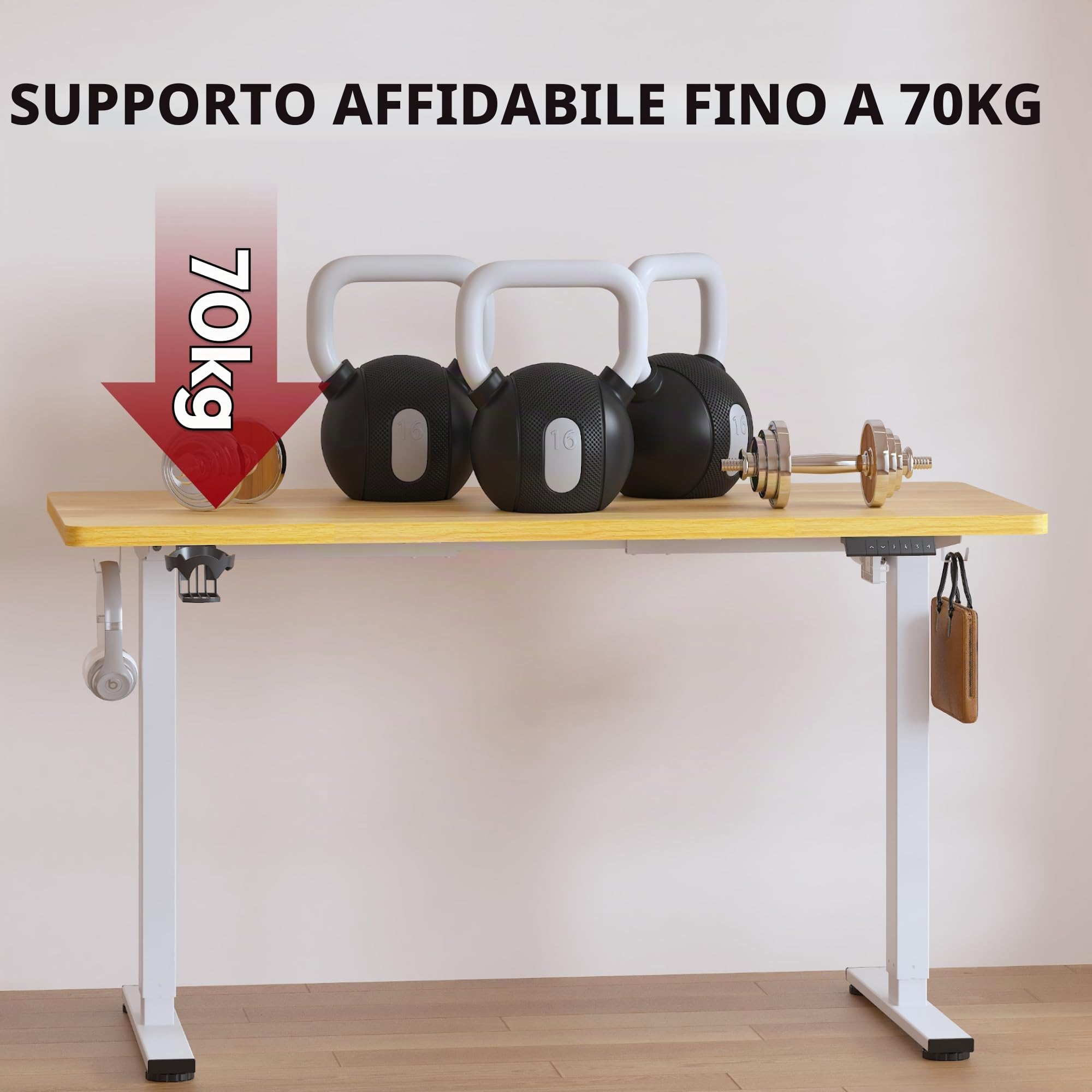SANODESK Scrivania Regolabile in Altezza con Piano Completo – Inclusi 4 Accessori: Portabicchieri, Gancio, Contenitore e Gestione Cavi, con Funzione di Memoria, per Ufficio e Tempo Libero