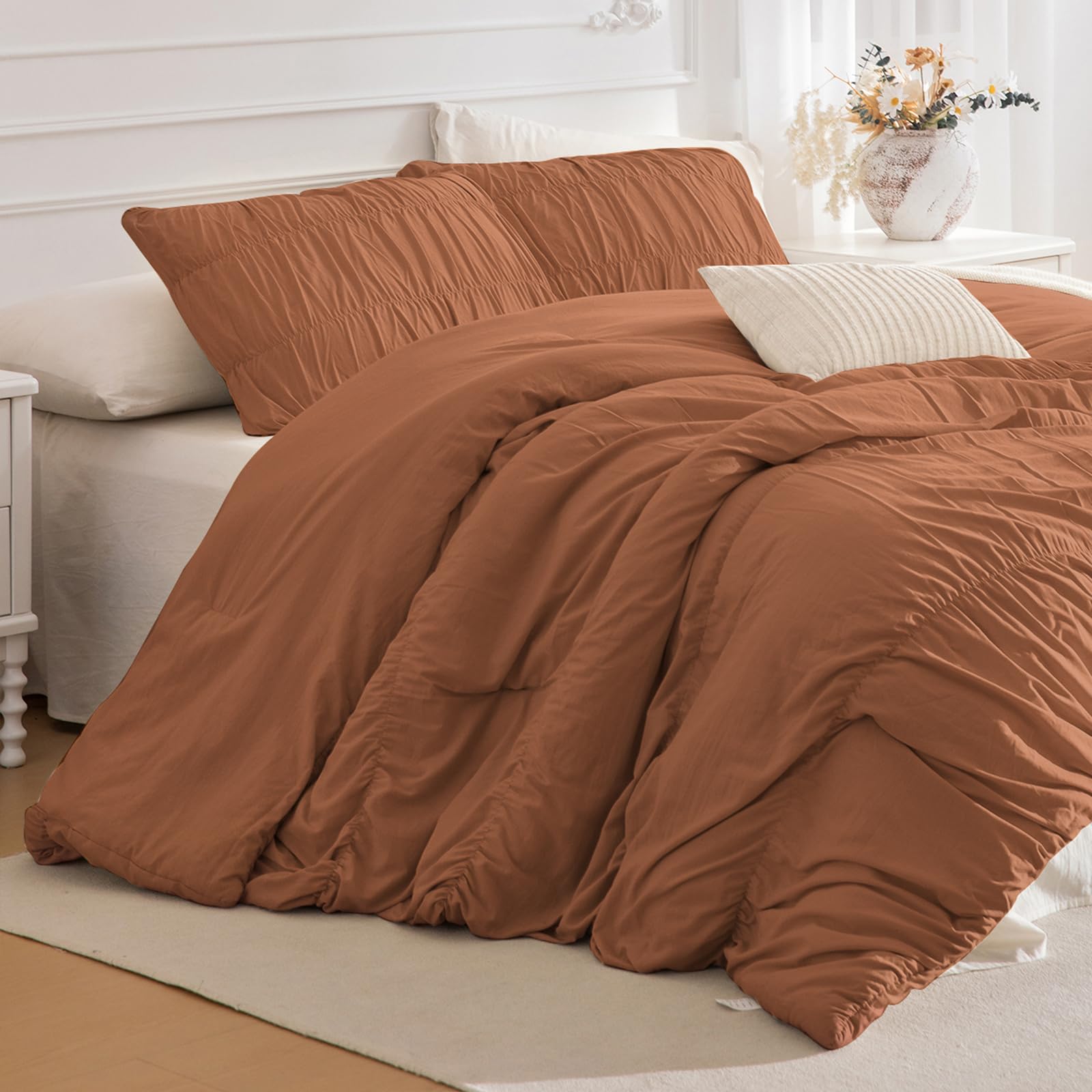 Lady Ann Oversized King 128x120 Comforter Set - Pumpkin Ruched Bedding, 3-Piece Fluffy Ruffle Bedding Comforter Set for Women, Ultra Soft and