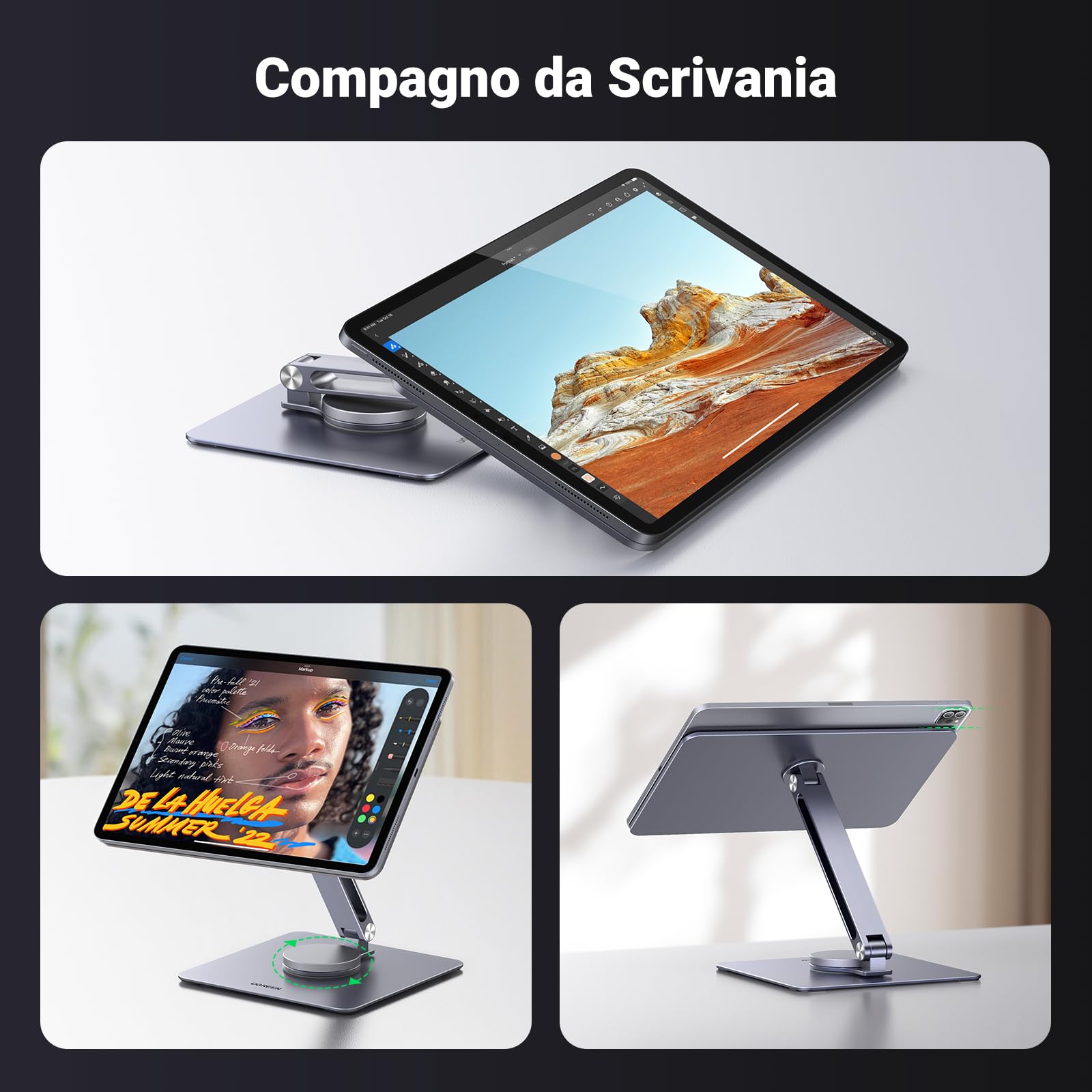 UGREEN Supporto magnetico da scrivania per iPad Pro 12.9 girevole a 360 ° pieghevole regolabile in altezza Supporto da viaggio portatile in alluminio compatibile con iPad Pro 12,9 pollici