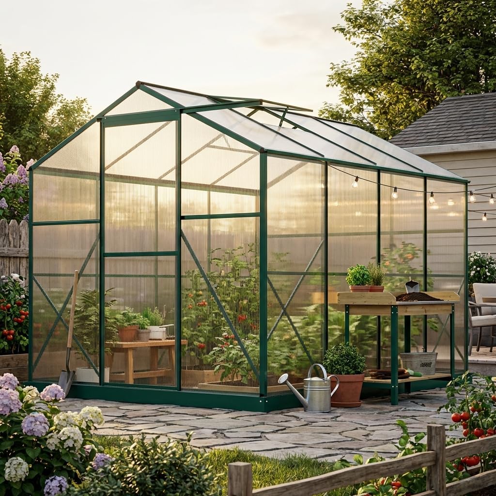 6x8 Ft Greenhouses for Outdoors, Walk-in Green House with UV-Coated Heavy-Duty Polycarbonate Panels for Outdoor, Roof Vents Green Houses for Outside, Invernaderos para Plantas Exterior
