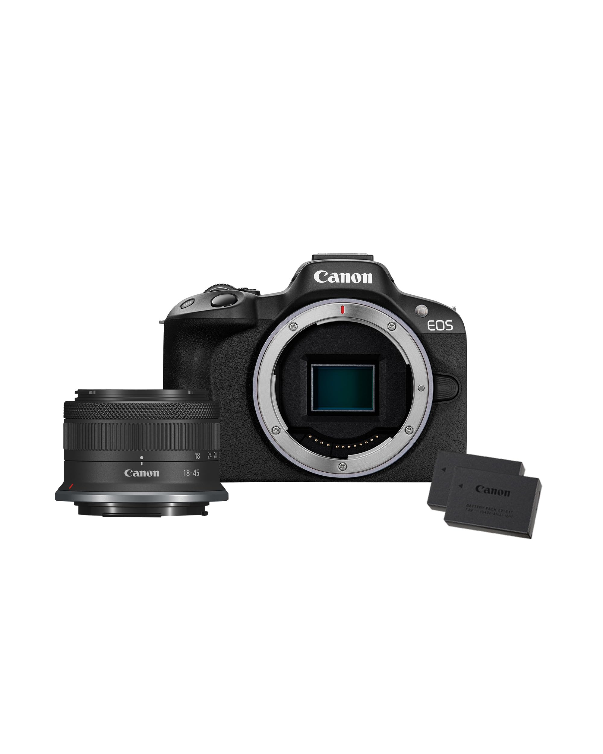 Canon EOS R50 Systemkamera + RF-S 18-45mm is STM Objektiv + 2X Batterien (Zusätzliches Akku-Kit) - Spiegellose Kamera (Digitalkamera mit Autofokus + Motiverkennung für Personen Augen Tiere Fahrzeuge)