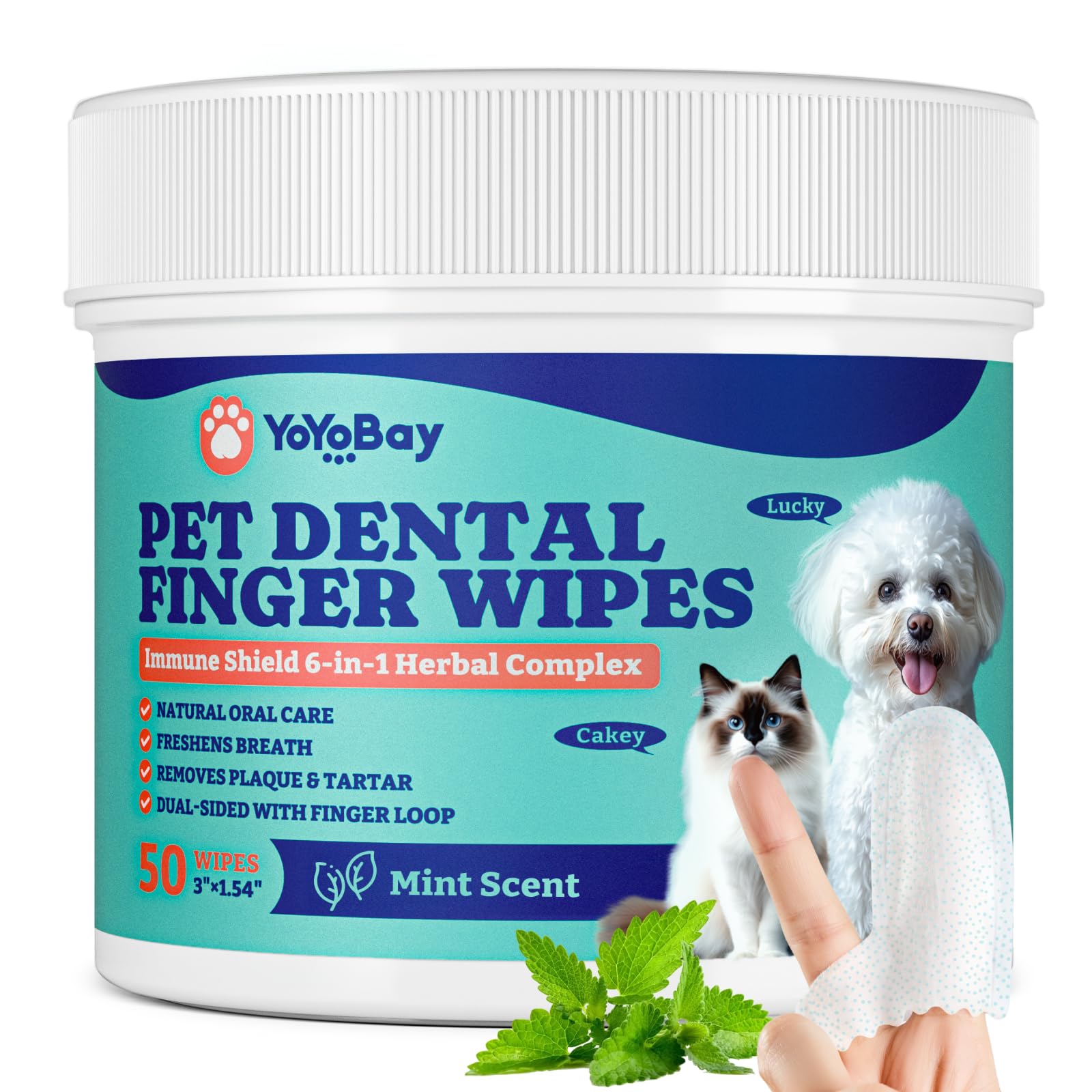 YoYoBay Dog Teeth Cleaning Wipes, Pet Finger Dental Wipes for Dogs & Cats, Dual-Sided, 6-in-1 Herbal Formula, Remove Plaque & Tartar, Freshen Breath, No-Rinse Toothbrushing Wipes - 50 PCS, Mint Flavor