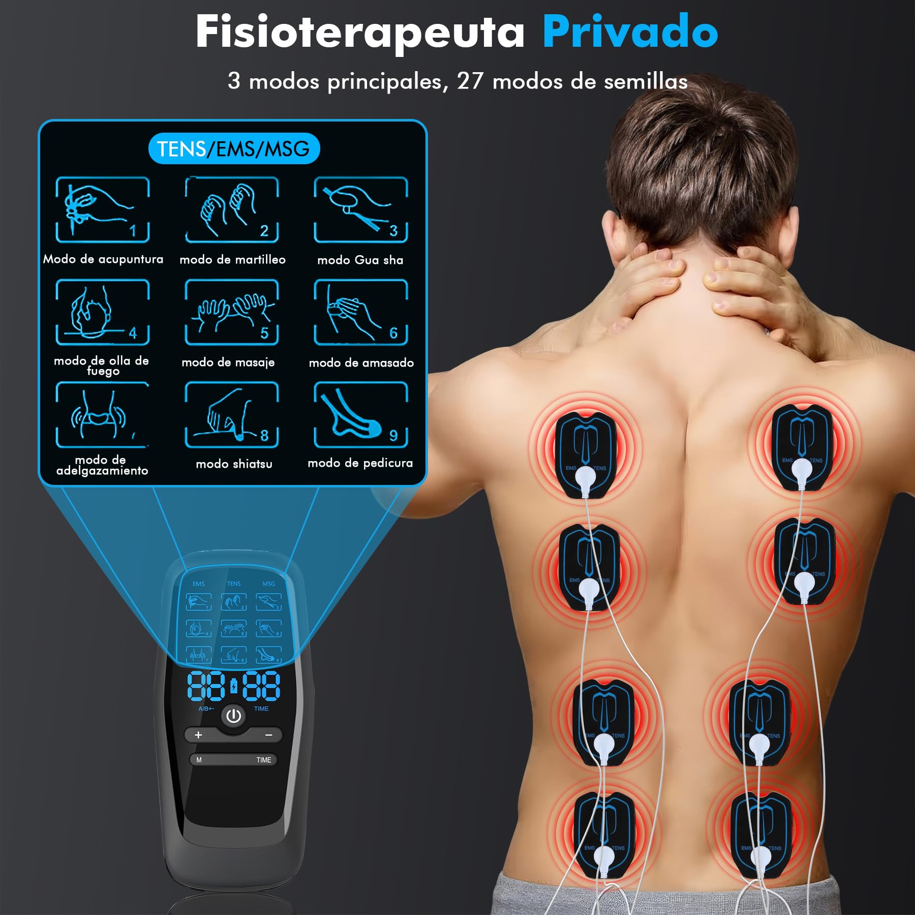Electroestimulador Muscular, 3 en 1 TENS/EMS/Massage Electroestimulador | Estimulador Muscular Electrico, 27 Modos y 30 Intensidades, 2 Canales, 8 Electrodos