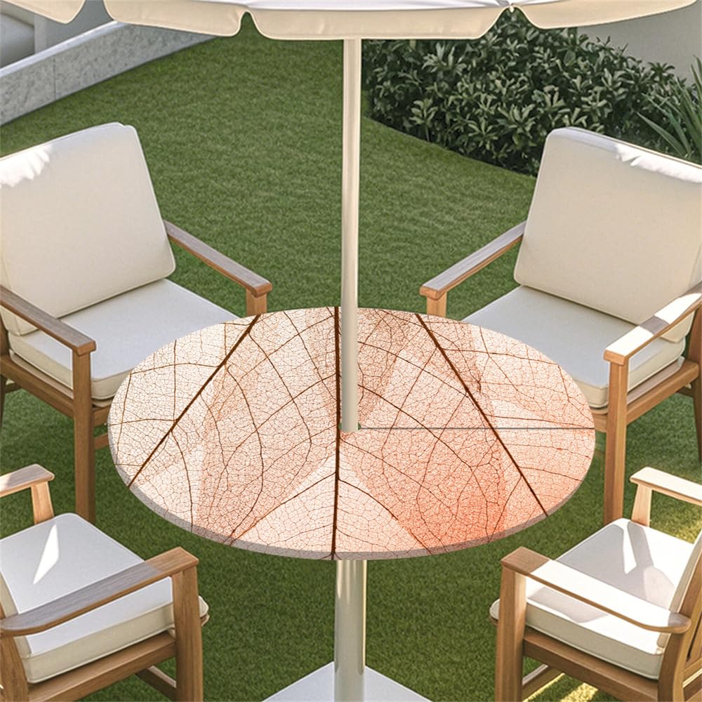 Surwin Outdoor Round Tablecloth with Parasol Umbrella Hole Zipper, Elastic Edge Fitted Protector Round Table Cloth Waterproof Table Cover for Garden BBQ Party -Summer Leaf (Coral,L(114-137cm)