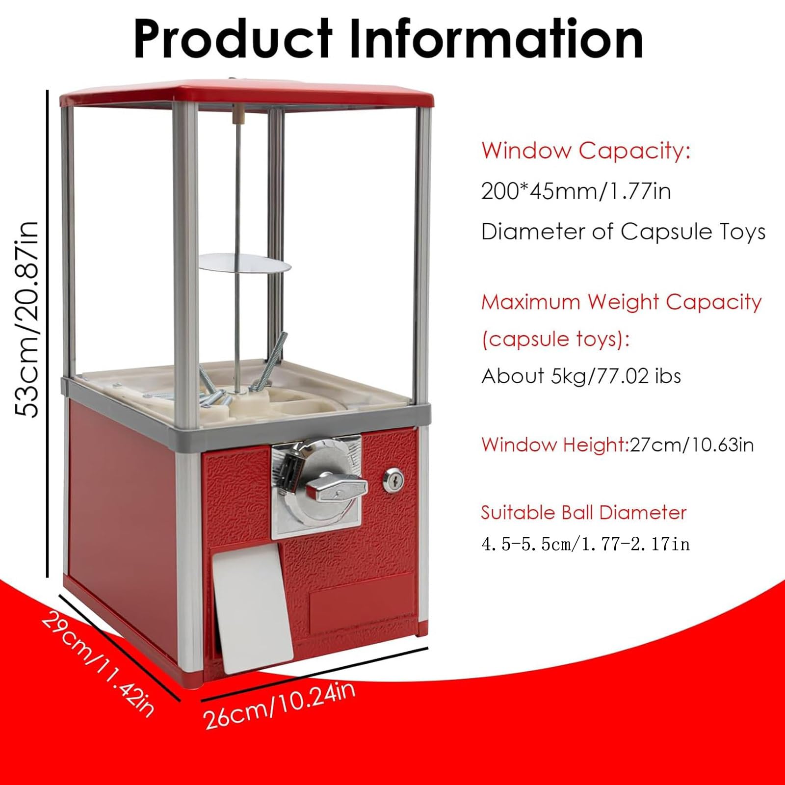 Máquina expendedora, máquina Comercial de chicles, máquina expendedora de cápsulas con cerraduras, dispensador de Dulces Que Funciona con Monedas para Gadgets de 4,5 a 5,5 cm para Tiendas,Red