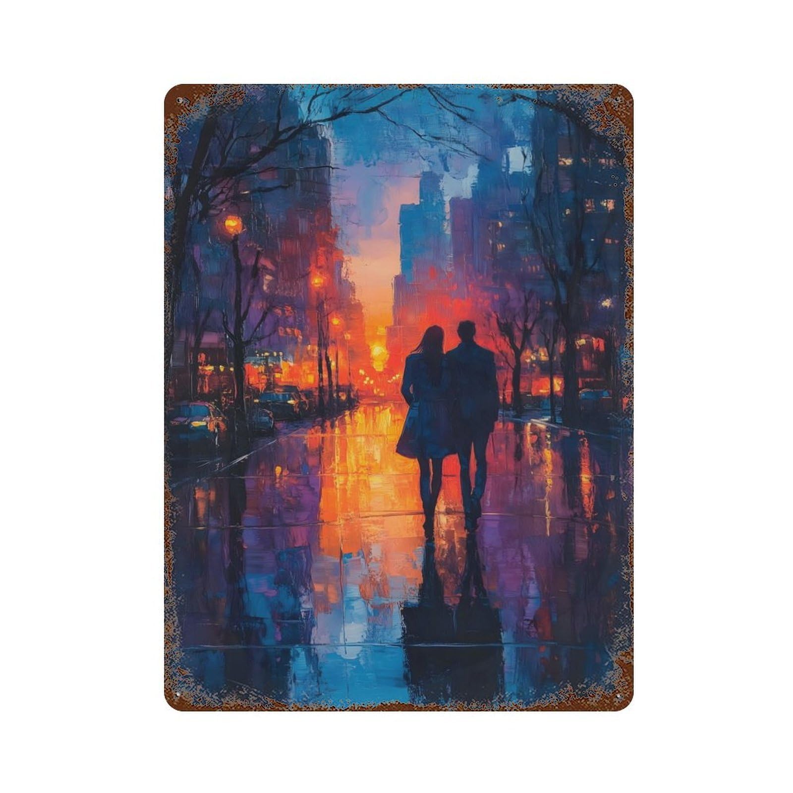 Couple Walking City Sunset Decorative Tin Sign 15.7"x11.8", Ideal for Basement, Hobby Room And Garage Decor