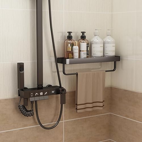 Miniatura 5 de Danpoo Estante de pared de baño, estante flotante negro para organizador de almacenamiento de pared de baño, estante de baño de vidrio con toallero,
