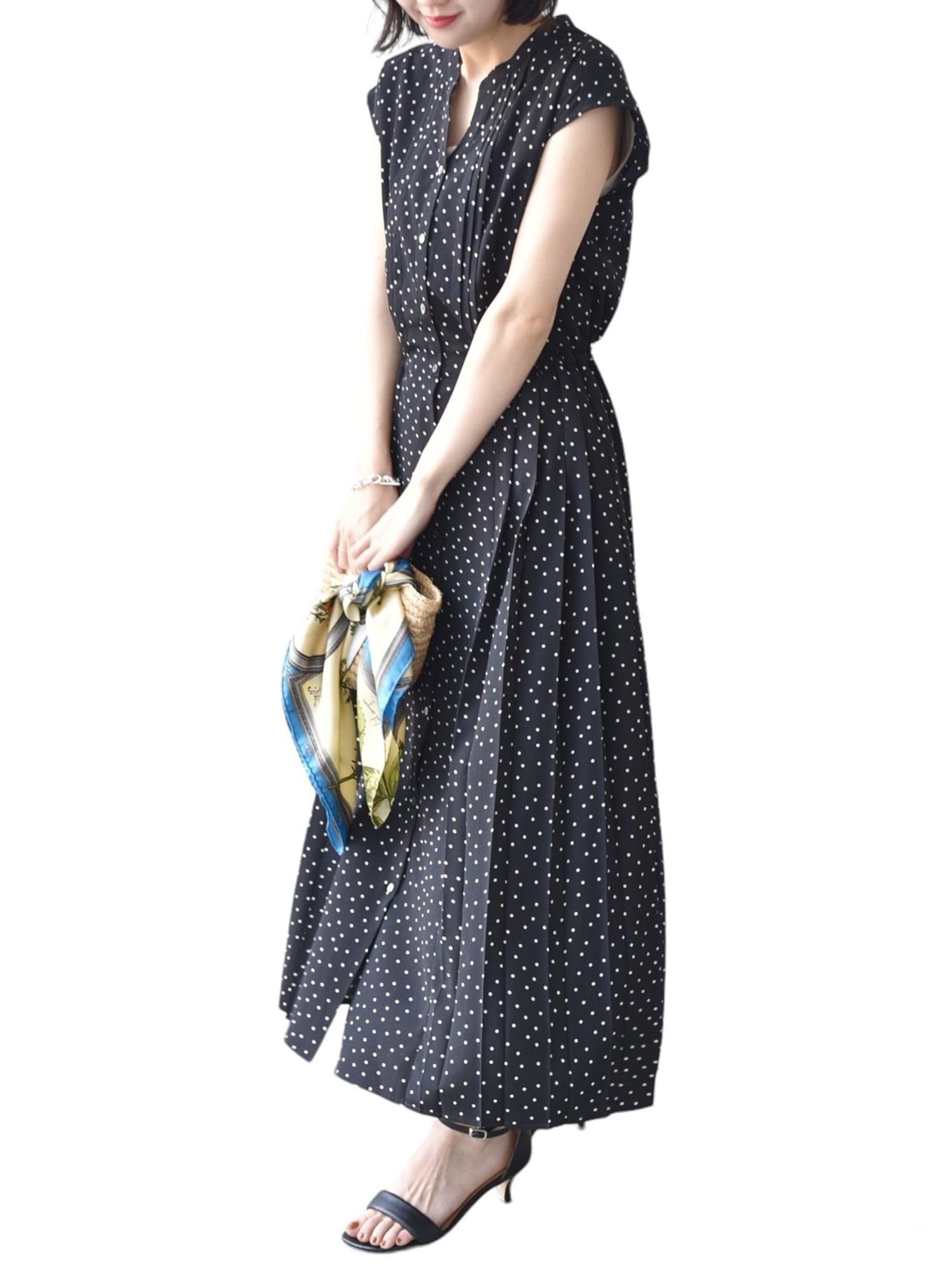 人気【美品✨】シップス サイドプリーツワンピース ロング フレンチスリーブ　М SHIPS｜【WEB限定】<洗濯機可能>ドット 花柄 サイド プリーツ