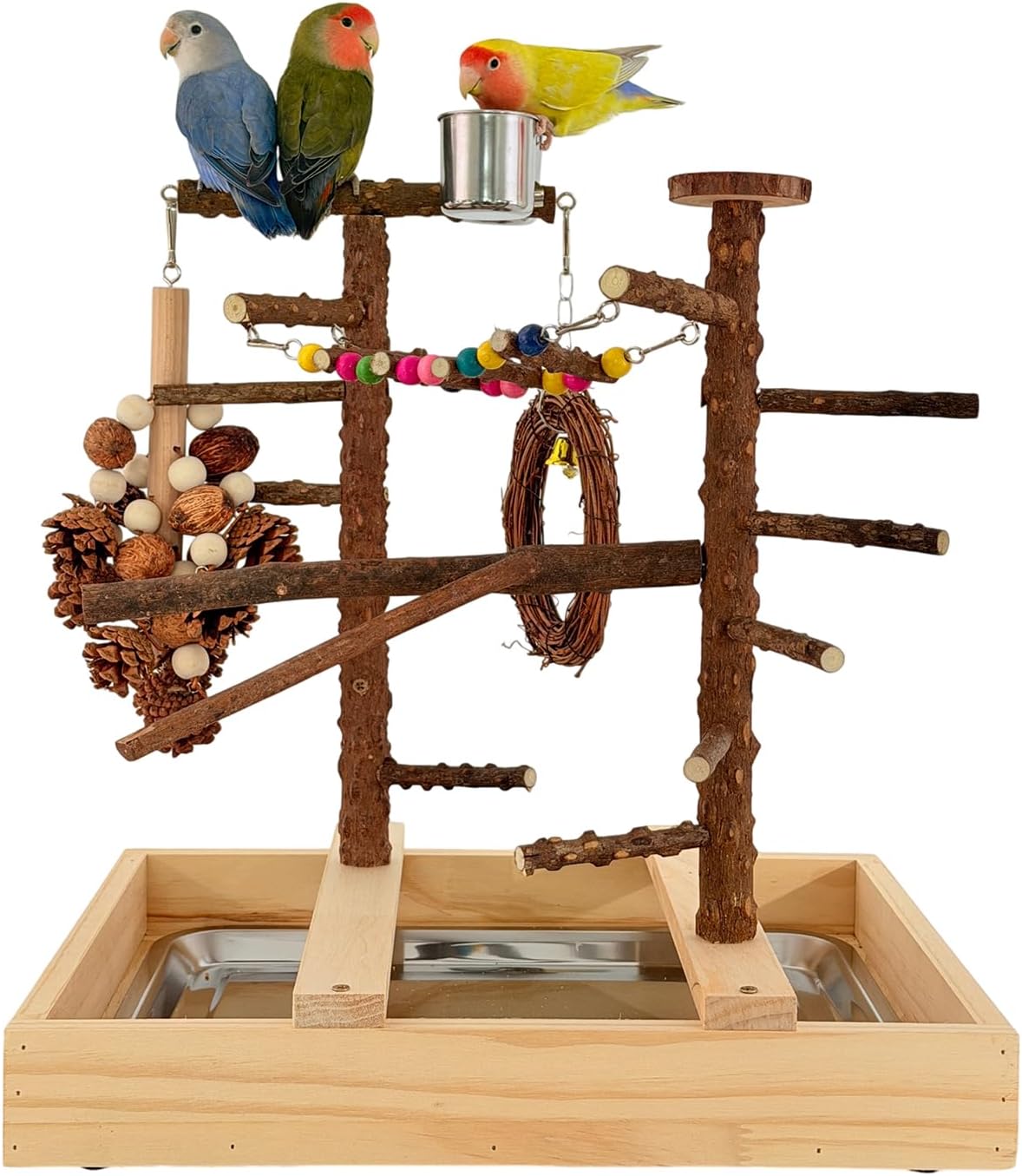 Bird Playground, Natural Wood Bird Play Stand with Stand Perch, Swing, Toy, Two Food Cups, and Removable Tray, Suitable for Lovebirds, Cockatiels, Budgies, Parakeets, and Other Birds