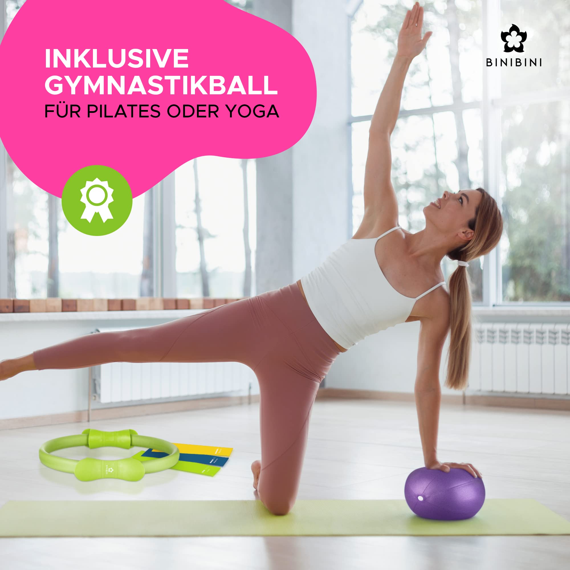 BINIBINI® Pilates Ring Set mit Pilates Ball und Fitnessbändern - 5-teiliges Sport- und Fitnessset für Zuhause - Yoga Ball und 3X Terra Band inklusive
