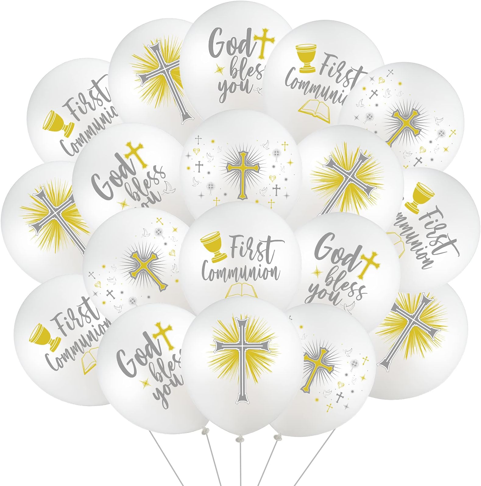 Skylety 48 Cross Doves Latex Balloons - 12 Inch Baptism & Christening Supplies for First Communion (White, Silver, Gold)