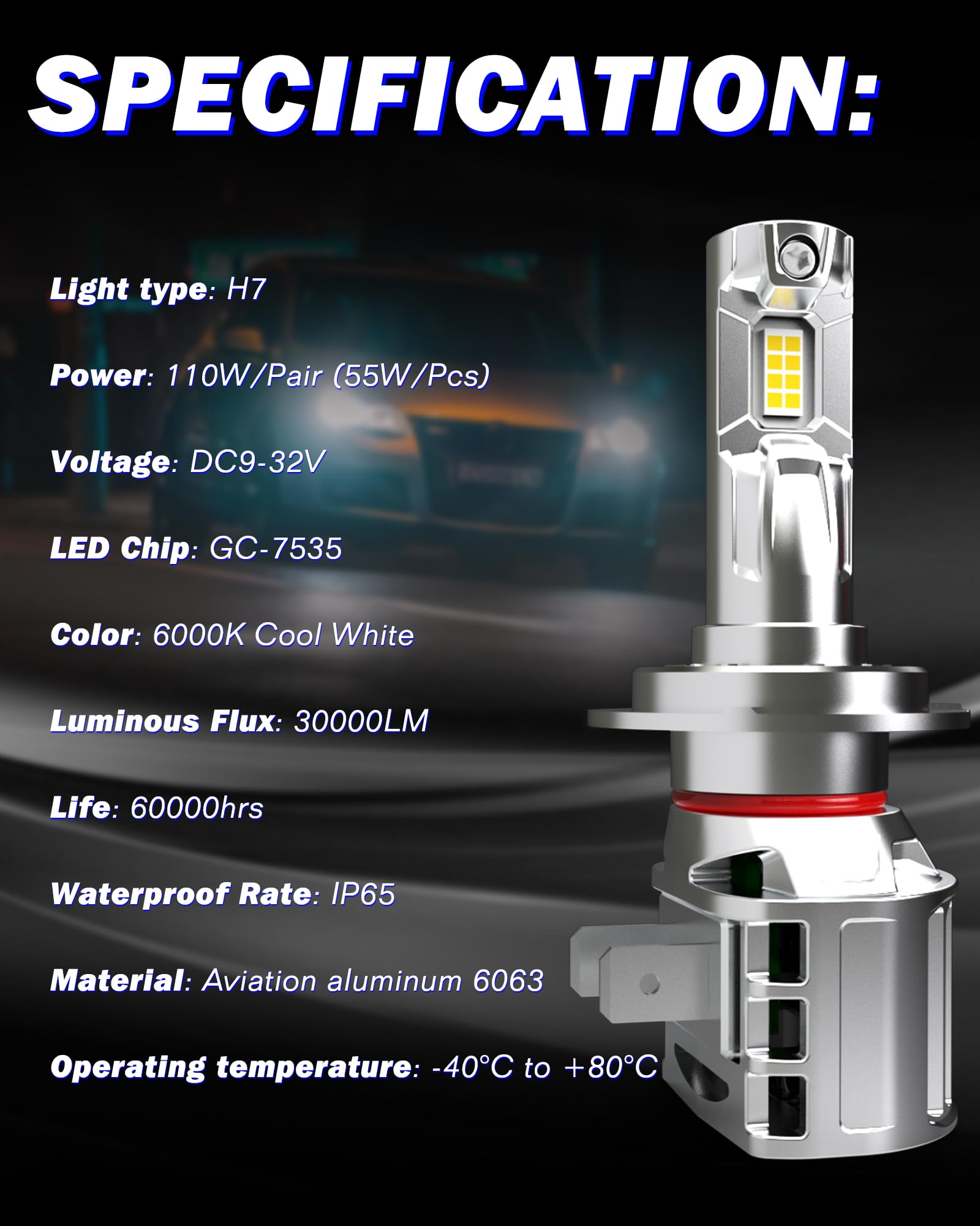 Lampadine H7 Led Canbus, 110 W, 30.000 Lm, 6.000 K (Bianco Freddo) Angolo Del Fascio Regolabile A 360 Gradi 12V, 24V 500% Più Luminosa Lampadine Led H7 Per Auto Senza Errori CAN-BUS Kit, 2 Pz