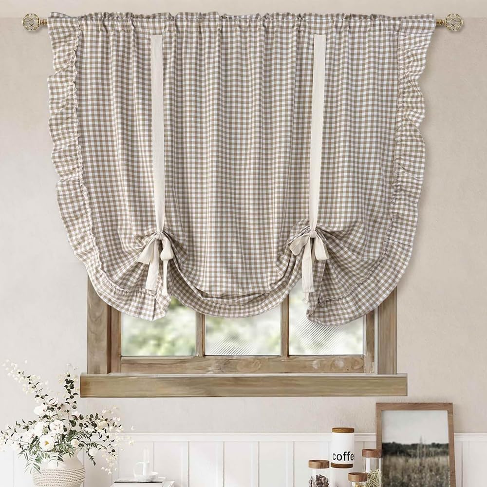 Light Brown Charming Buffalo Check Pattern Sheer Tie Up Balloon Curtain Valance for Kitchen Liftable Ruffled Roman Blind for Small Window Cafe Balcony Rod Pocket 1 Panel (Brown,W59xH55 inch)