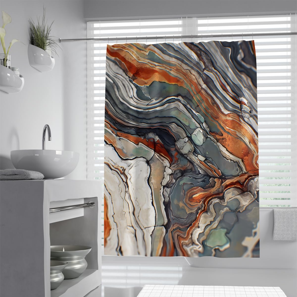 UIRINGART Retro Bathroom Wet Room Tub W180xL180cm Abstract Agate Marble Stone Texture Terracotta Burnt Orange Grey Cream Wavy Layers Pattern Mildew Mould Resistant Fabric Shower Curtain