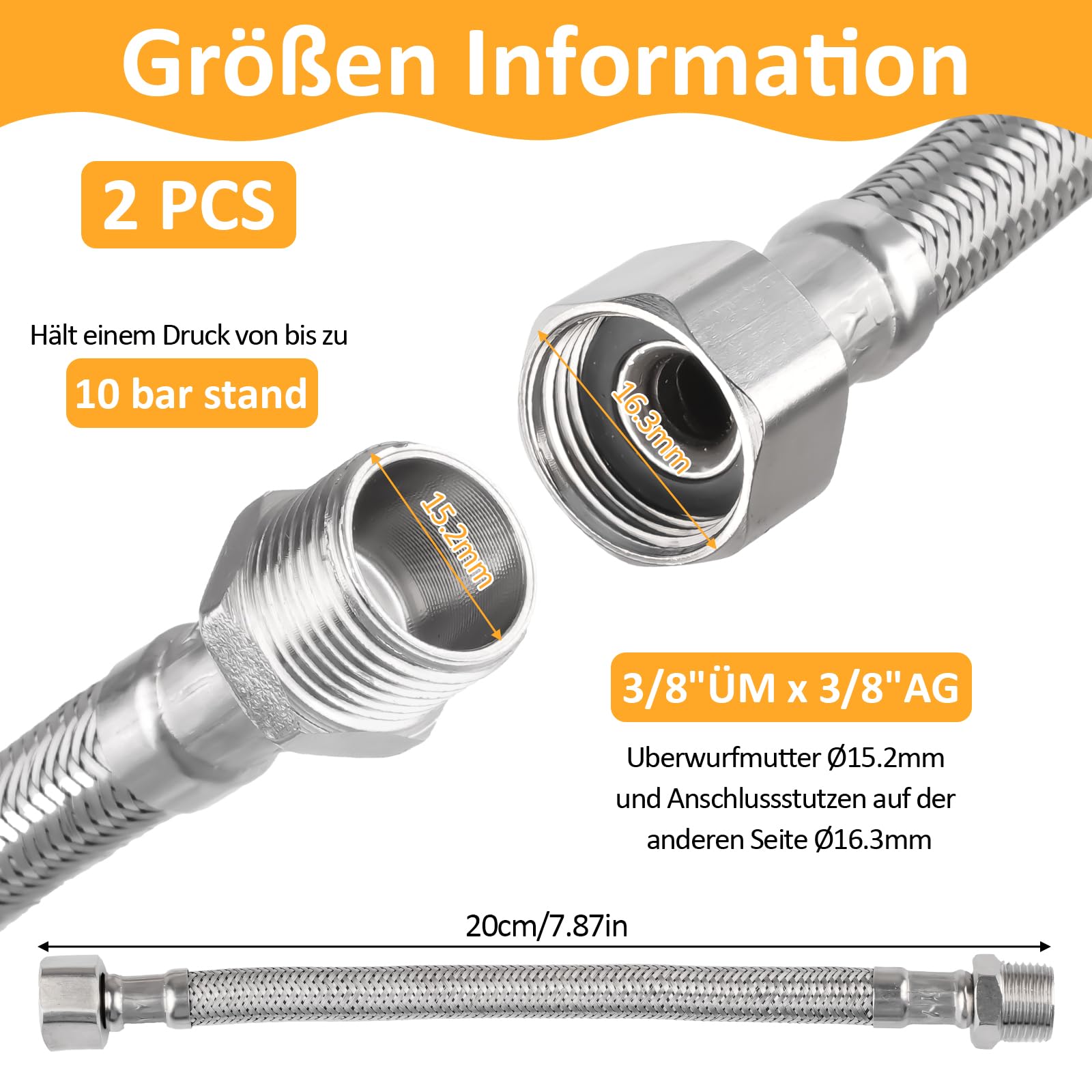 Produktbild von 2x Flexschlauch 3/8 Zoll – Panzerschlauch Mit Edelstahlumflechtung, Überwurf & Außengewinde, Inkl. 1 Rolle Rohklebeband, Für Wasser & Heizung
