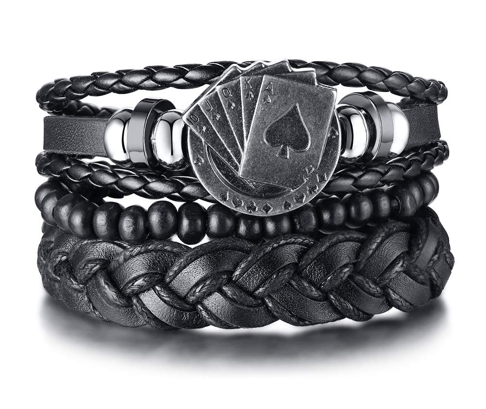 Hisatan 3 Pcs Set Poker Aces Braided Wrap Leather Bracelets for Men, Playing Cards Game Gambling Jewelry