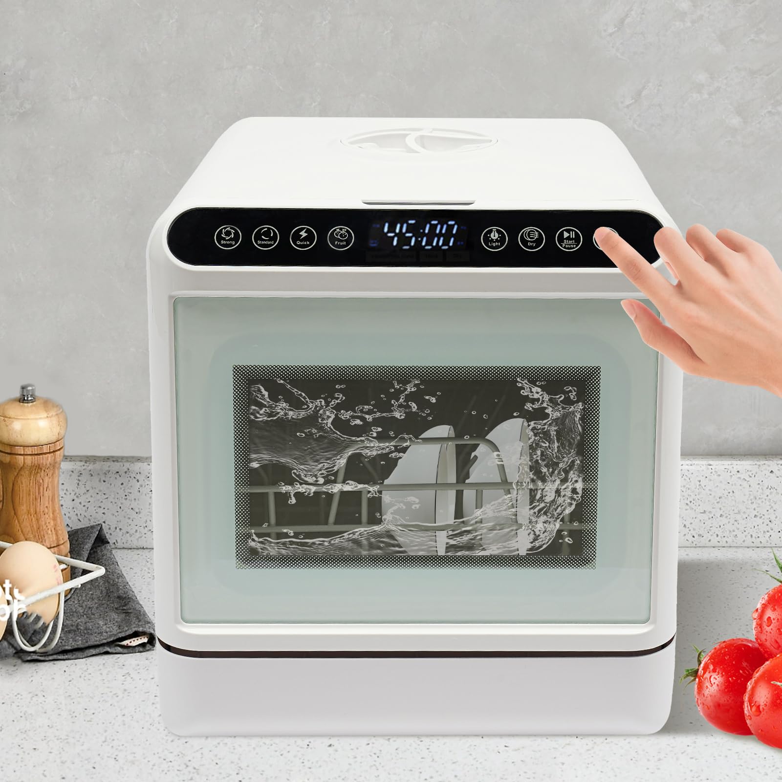 1100W Lavastoviglie da Tavolo Portatile, Compatta 220V con Serbatoio Integrato in ABS PP Vetro Bianco per Cucine Piccole Appartamenti Famiglie