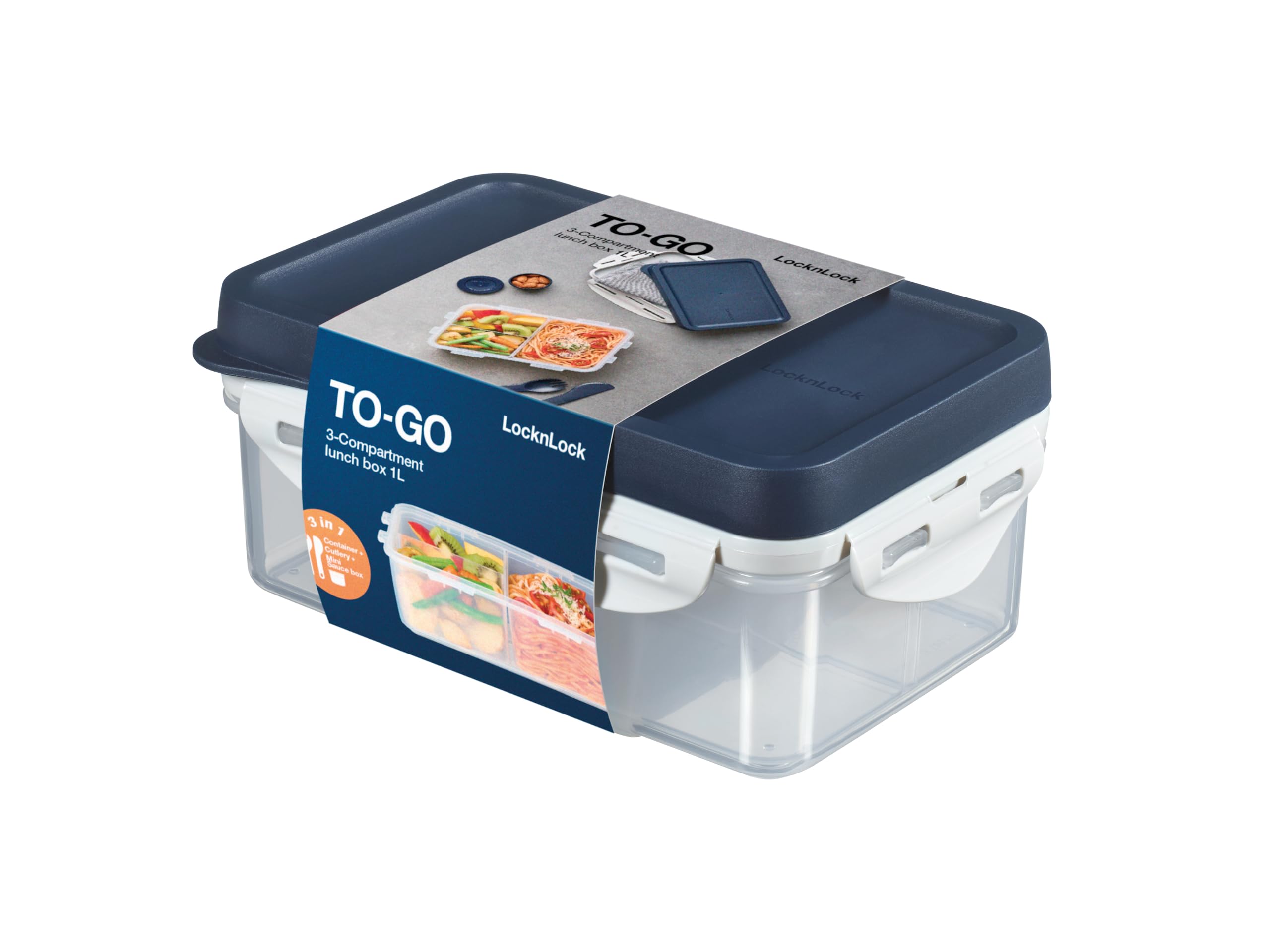 LocknLock TO GO - Contenitore per il pranzo con scomparti e posate, 1,00 l, 207 x 137 x 88 mm, 3 scomparti e posacenere per salsa, 100% aria e impermeabile, adatto per lavastoviglie e microonde, senza