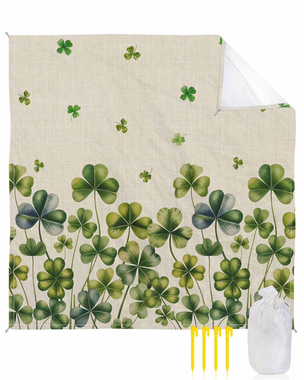 Beach Blanket Waterproof Sandproof, St. Patrick's Day Shamrock Retro Linen Quick Drying Beach Mat with 4 Stakes, Country Plant Lightweight Picnic Blanket for Travel Camping Outdoor 118"x108"