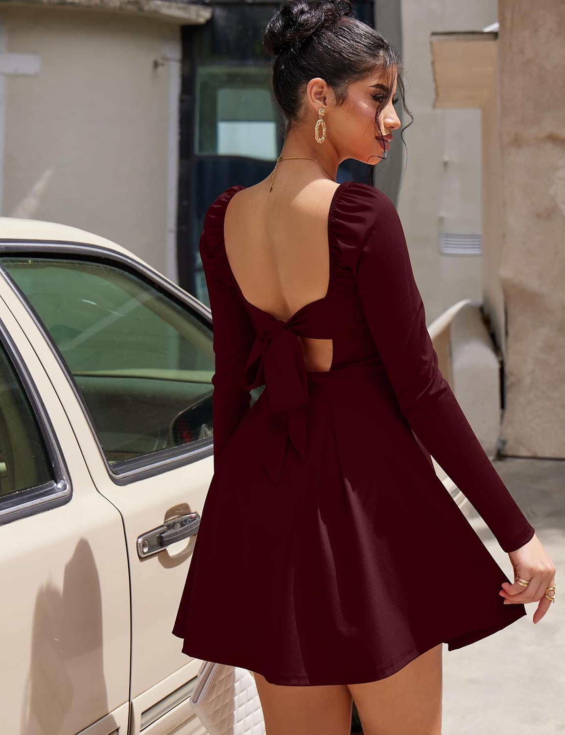 YMDUCH Women's Sexy Long Sleeve Square Neck Adjustable Straps Bow Tie A-line Mini Party Club Dress - Image 2