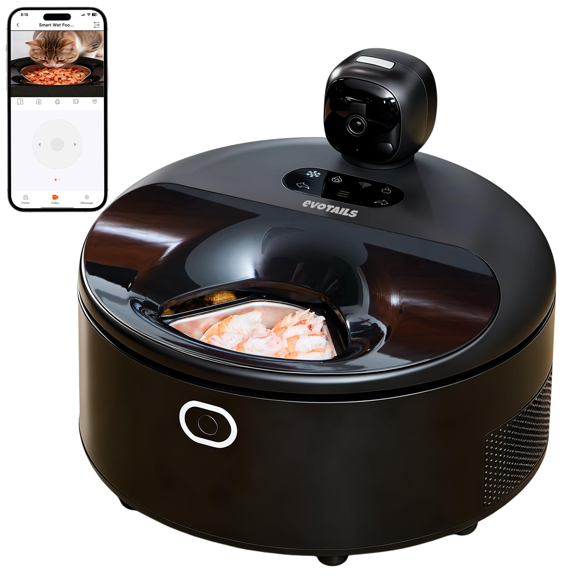Wet Food Automatic Cat Feeder with Camera, Semiconductor Cooling & Heating with Stainless Steel Bowl, APP Control with Camera & Meal Call, 5 Fresh Meals Pet Food Dispenser (Black)