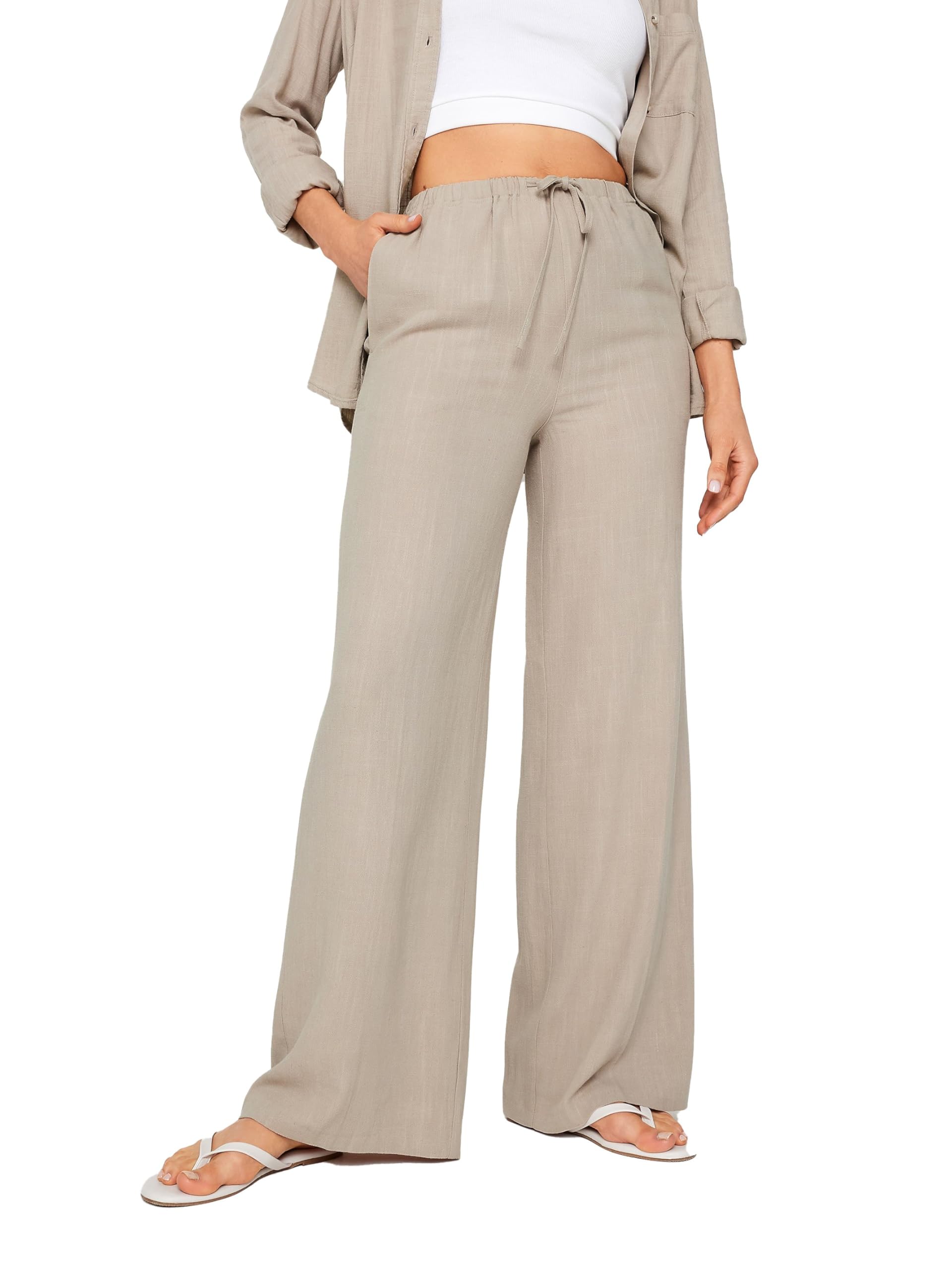 Long Tall Sally Women's Stone - Lts Tall Brown Linen Tie Waist Wide Leg Trousers