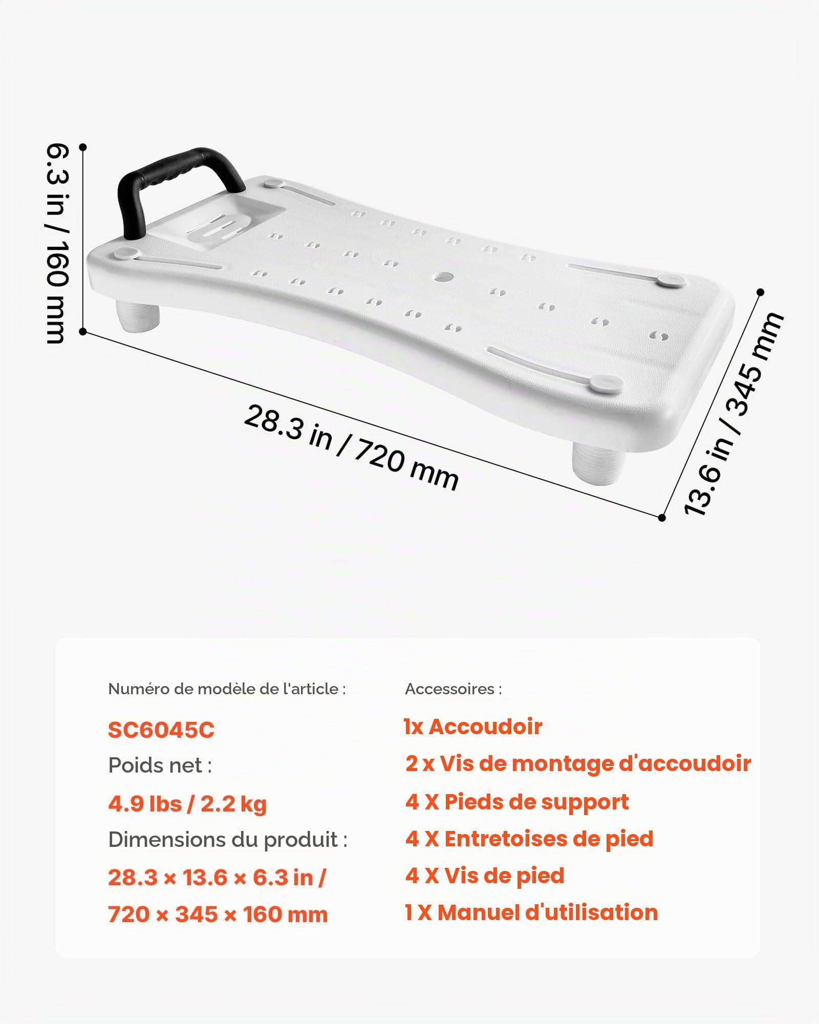 VEVOR Planche de Bain, Banc de Transfert pour Baignoire avec Poignée, Capacité de 150 kg, Pieds Antidérapants Réglables pour Adultes, Personnes Âgées et Handicapés, pour Baignoires de 41 cm à 62 cm
