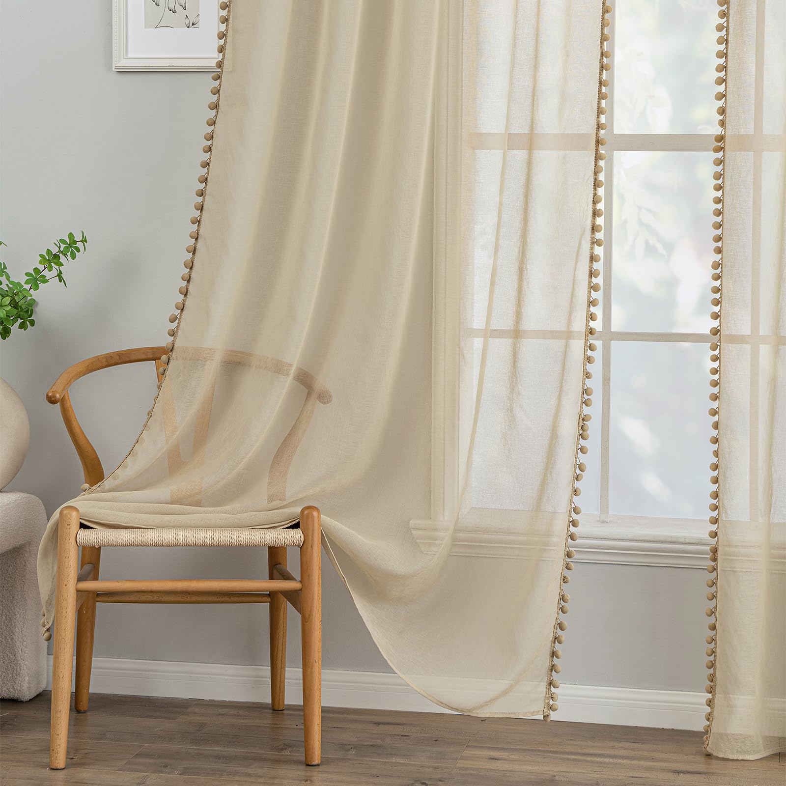 MIULEE Voilage Pompons Passe Tringle 2p L140 H225 Beige | Voilage décoratif à pompons boule avec œillets, style mignon pour chambre bébé et salon