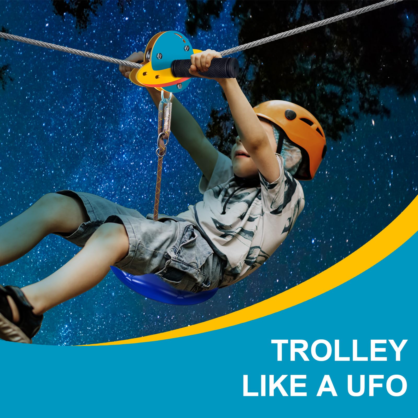 Kit de tyrolienne ZEROMX pour enfants et adultes en extérieur, chariot UFO de 23/30/37/46 m pour jardin, jusqu'à 159 kg, siège de balançoire inclus, frein en acier inoxydable et câble de sécurité pour