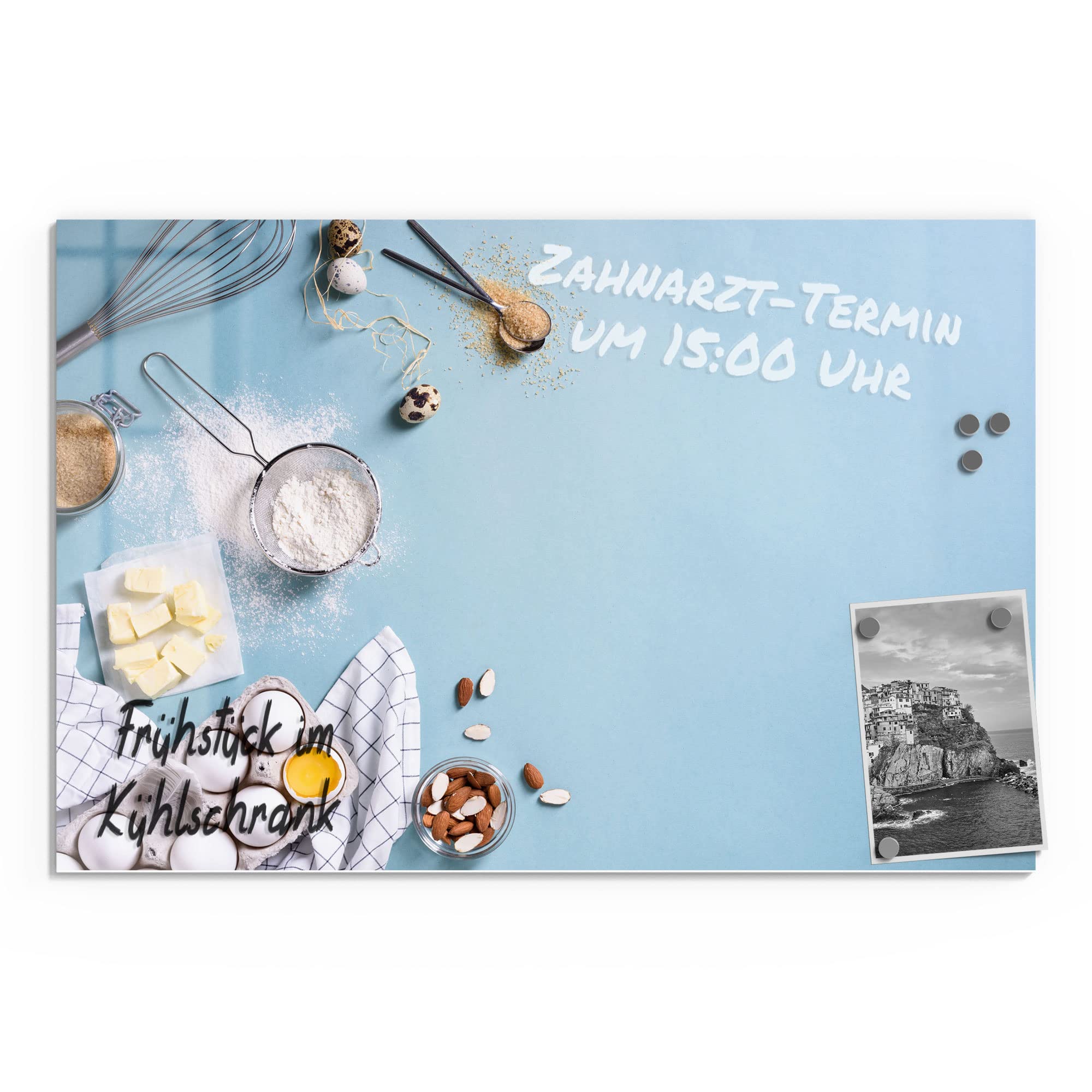 DEQORI Glazen magneetbord, 60 x 40 cm, motief bakingrediënten, illustratie, memobord van glas, magneetbord incl. magneten, pen en doek voor keuken en kantoor, magnetisch bord en beschrijfbaar