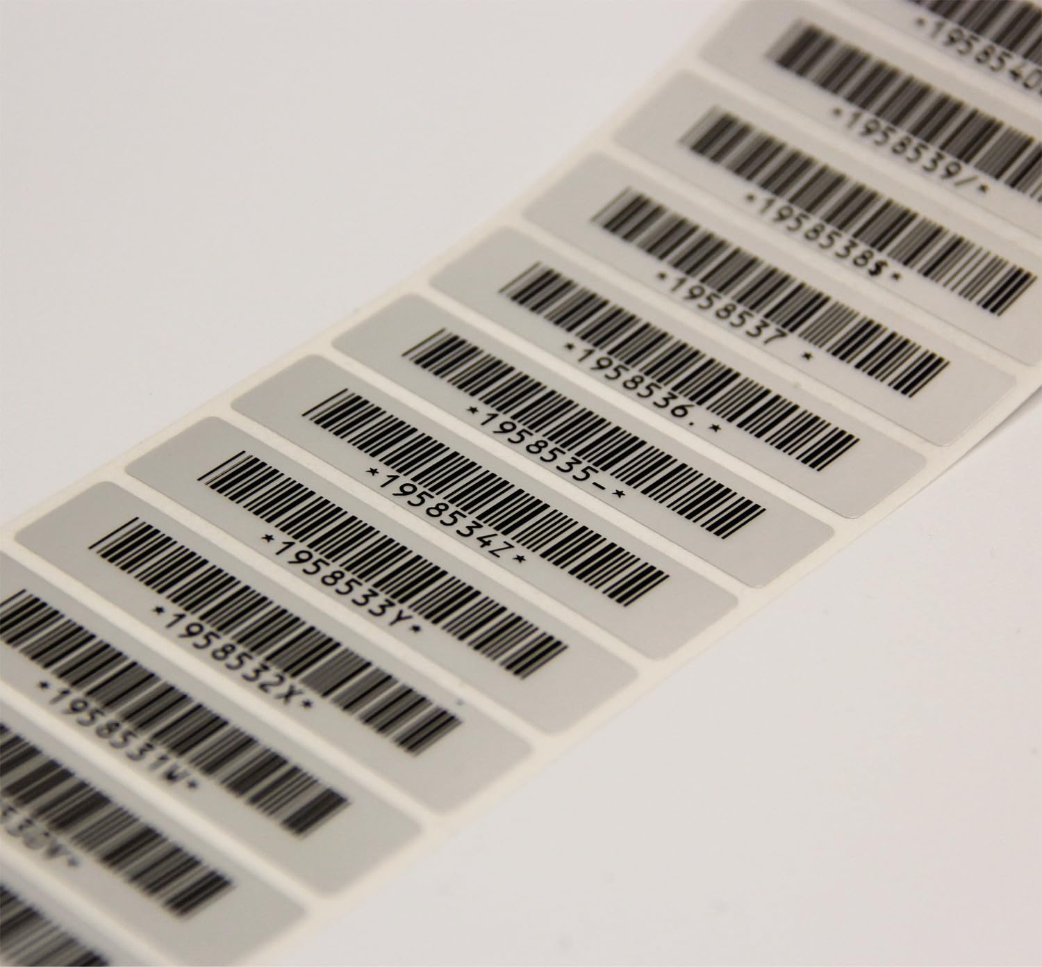Etykiety kodów kreskowych z kodem kreskowym, 500 szt. 58 x 13 mm, błyszczący poliester, numerowane progresywnie, do zapasów magazynu lub towarów