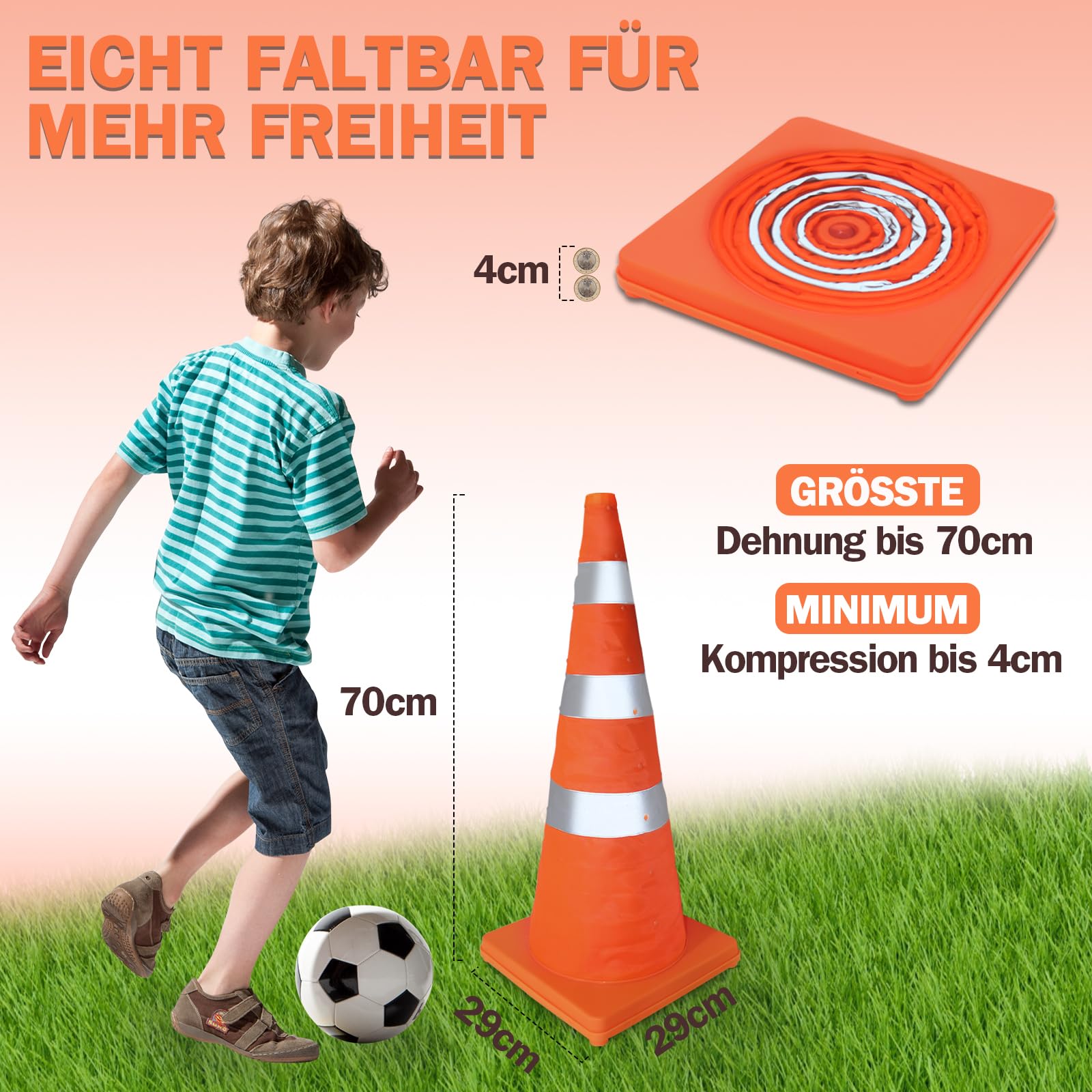Valchoose 4 Stück Pylonen Faltbar, Verkehrskegel (70 cm) mit Reflektierenden Kragen – Orange Leitkegel Faltbar, Verkehrshütchen für Baustellen, Parkplätze & Sportmarkierungen