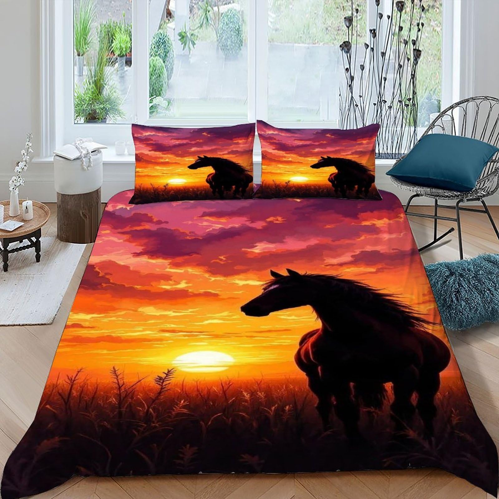 Housse de couette cheval 220x240 cm avec 2 taies d'oreiller en microfibre motif 3D