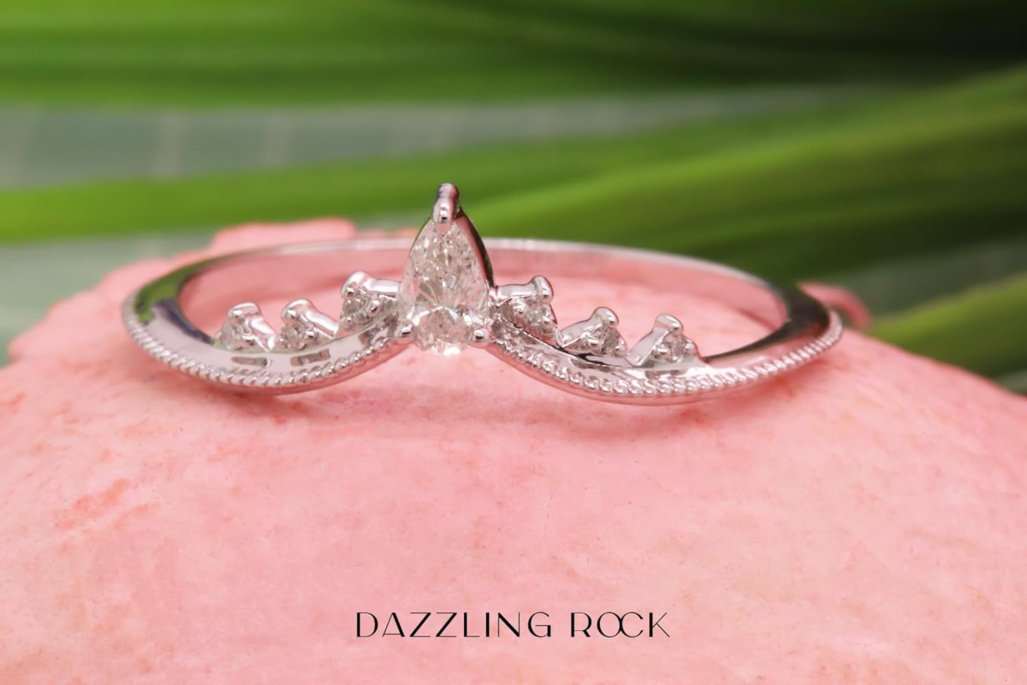 Dazzlingrock Collection 0.15 Ctw Pear & Round White Natural Diamond Women Beaded Crown Teardrop Engagement Ring, 14K Real Solid Gold
