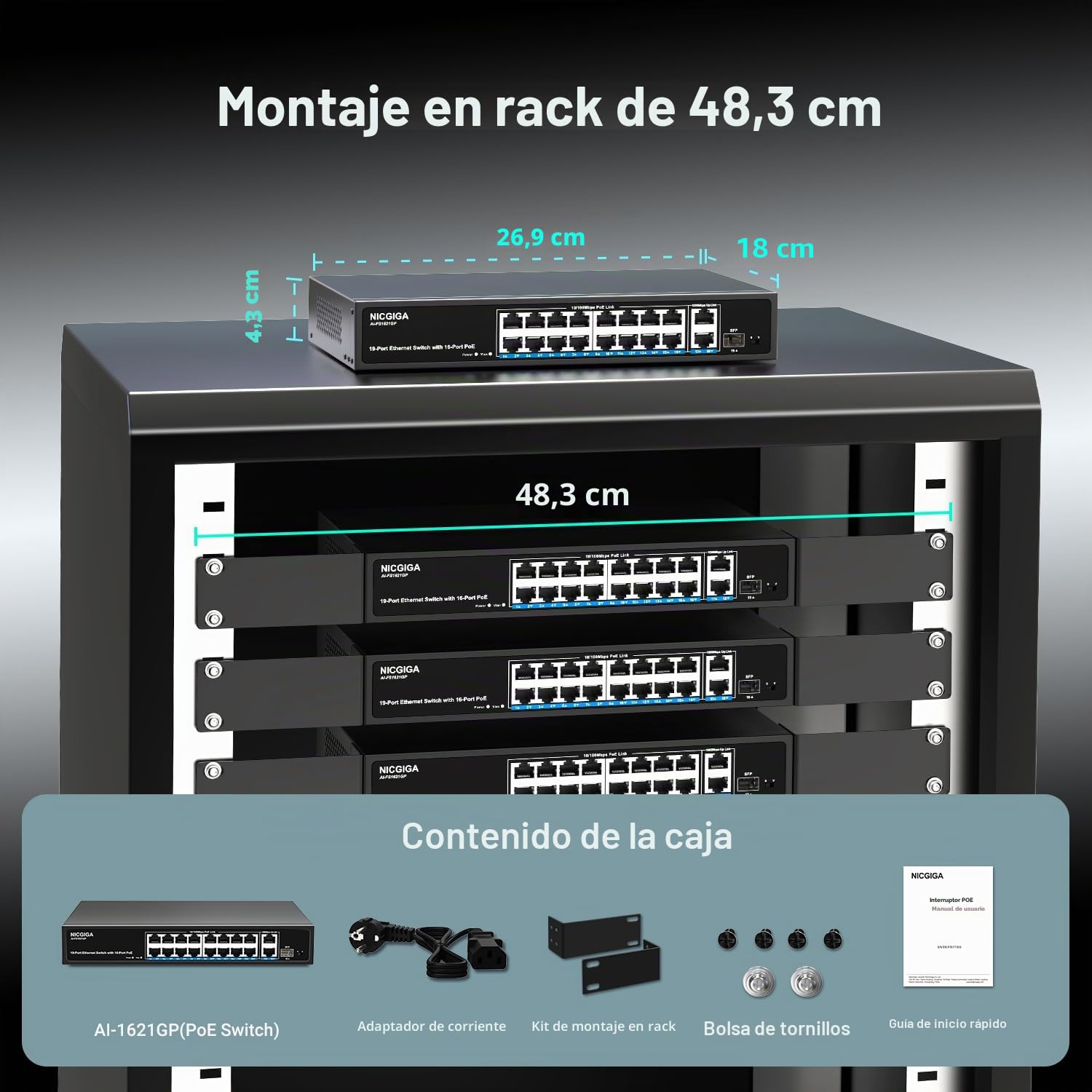 Conmutador PoE de 16 Puertos no administrado,16 Puertos PoE a 250W,2 Puertos de Enlace Ascendente Gigabit,1 Puerto SFP,conmutador de Red NICGIGA de 19 Puertos con alimentación a través de Ethernet