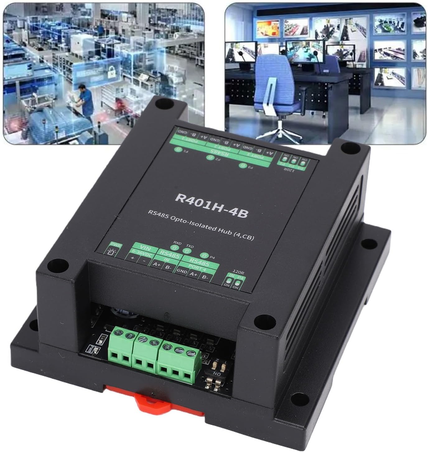 4 Port RS485 Opto Isolated Hub, Half Duplex Transparent Transmission, 3.5mm Terminal DIN Rail Mount, 32 Nodes Overcurrent Protection