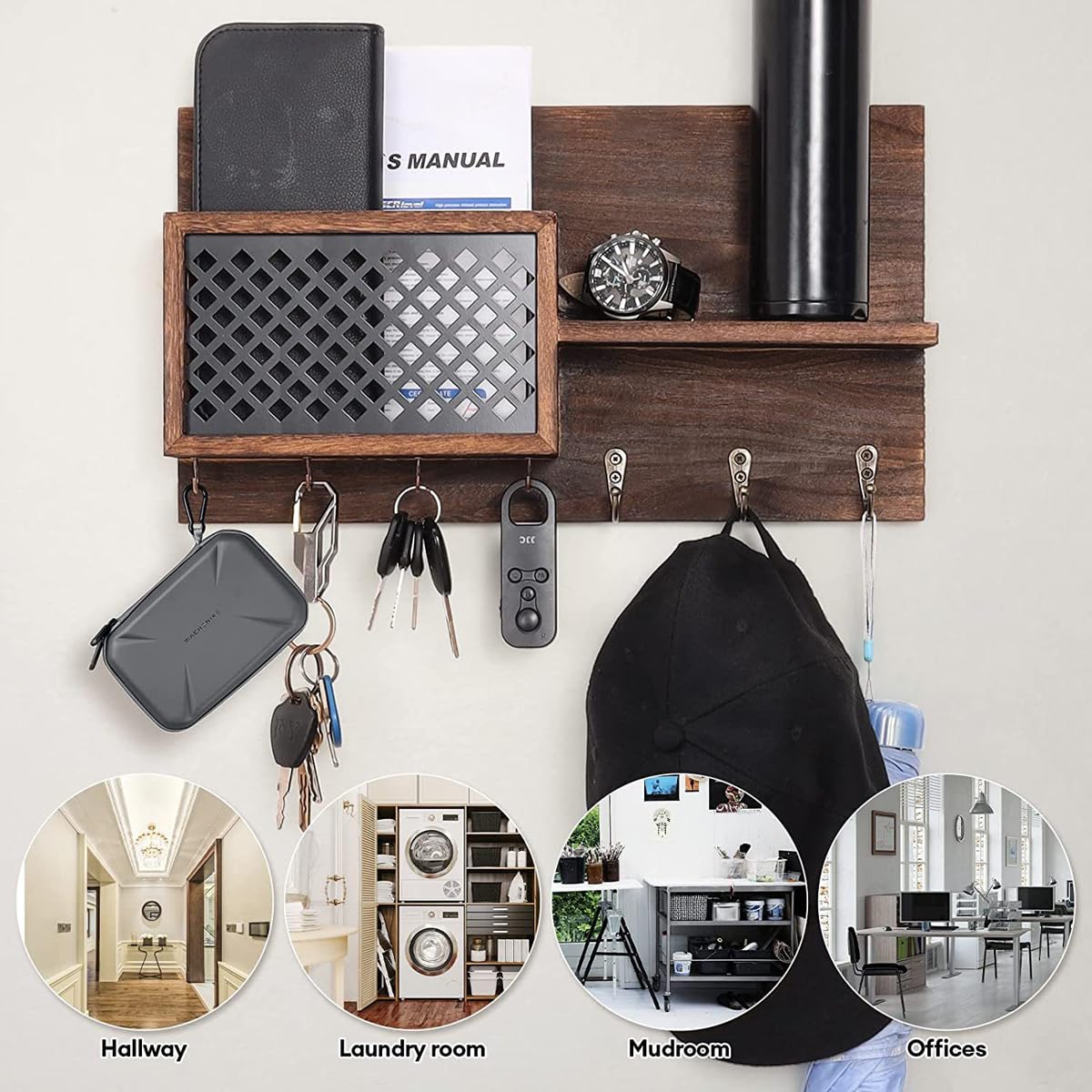 Porte-manteau mural avec étagère de rangement et 7 crochets, organiseur d'entrée avec panier tissé, design en bois massif durable pour couloir, chambre à coucher