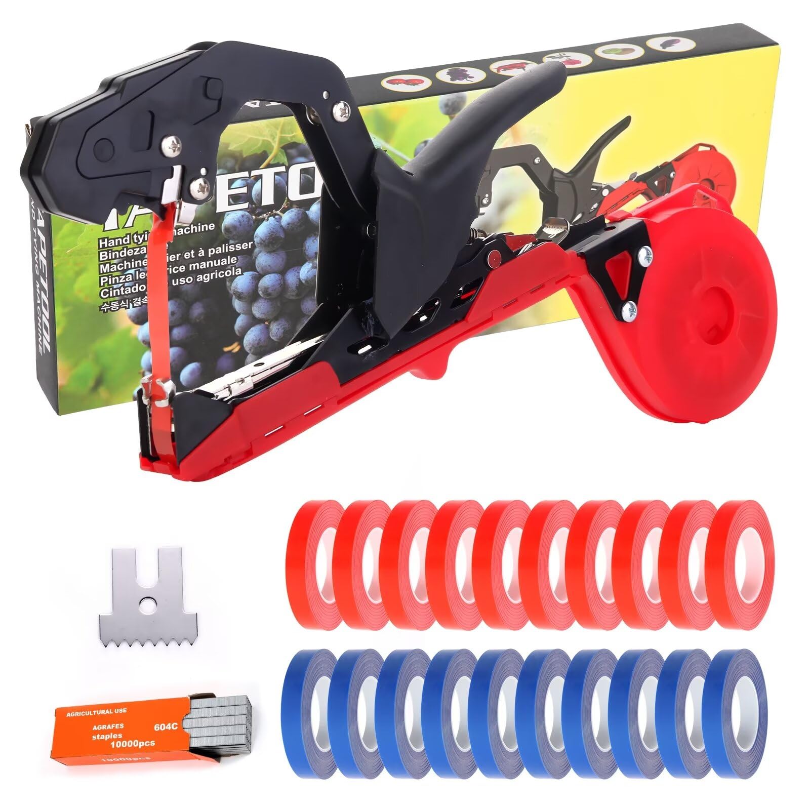 Plant Tying Machine, Lightweight Plant Vine Tying Tape Machine Tool, Plant Tape Gun for Tomatoes, Grapes and Vegetable Garden,Including Spare SK5 Blade, Garden Tapes and Staples(Red)