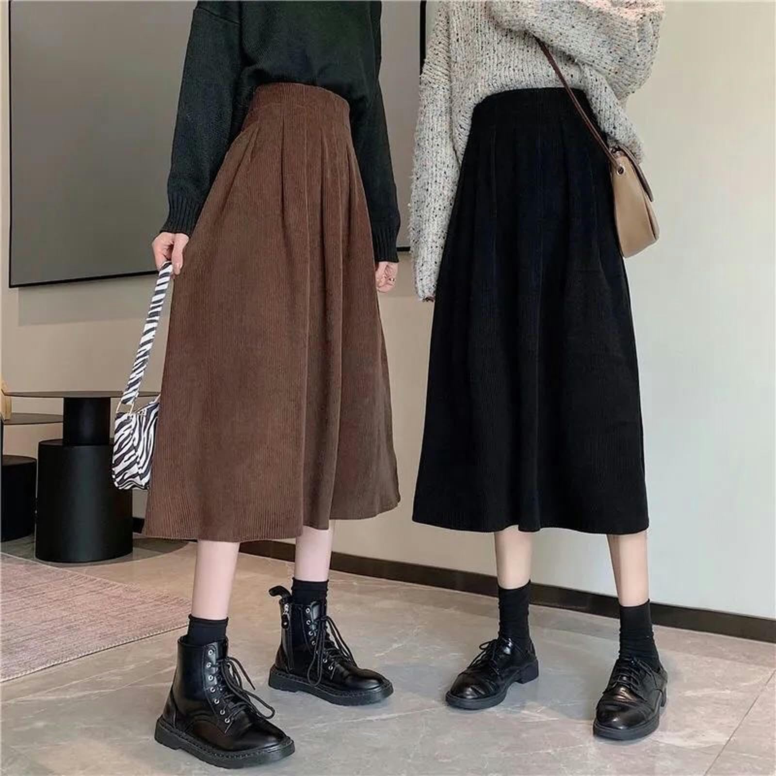 Rock Cordrock Frühling Herbst Winter Petite Mode Rock Frauen Hohe Taille A-line-Rock-schwarz-l
